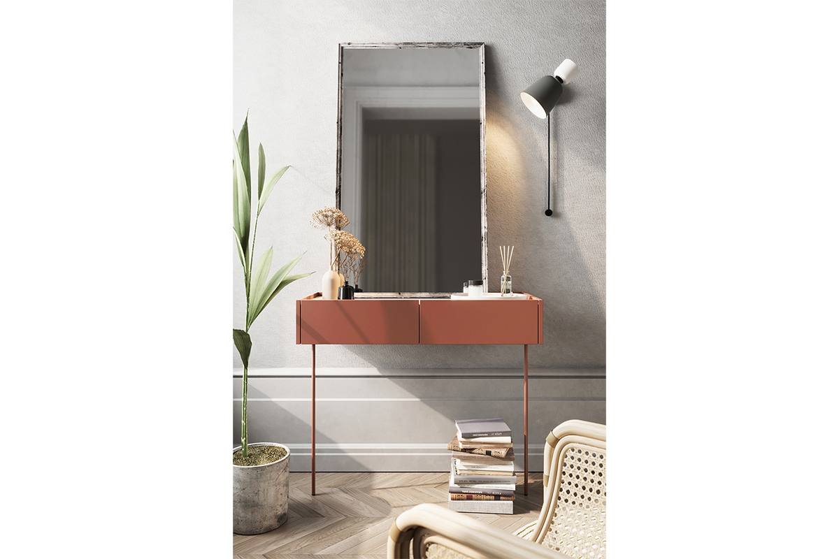 Consolă modernă / Masă de toaletă cu două sertare Desin 2S - ceramică roșie / Stejar nagano consolă modernă / masă de toaletă cu două sertare Desin 2S - ceramică roșie / Stejar nagano - aranjament