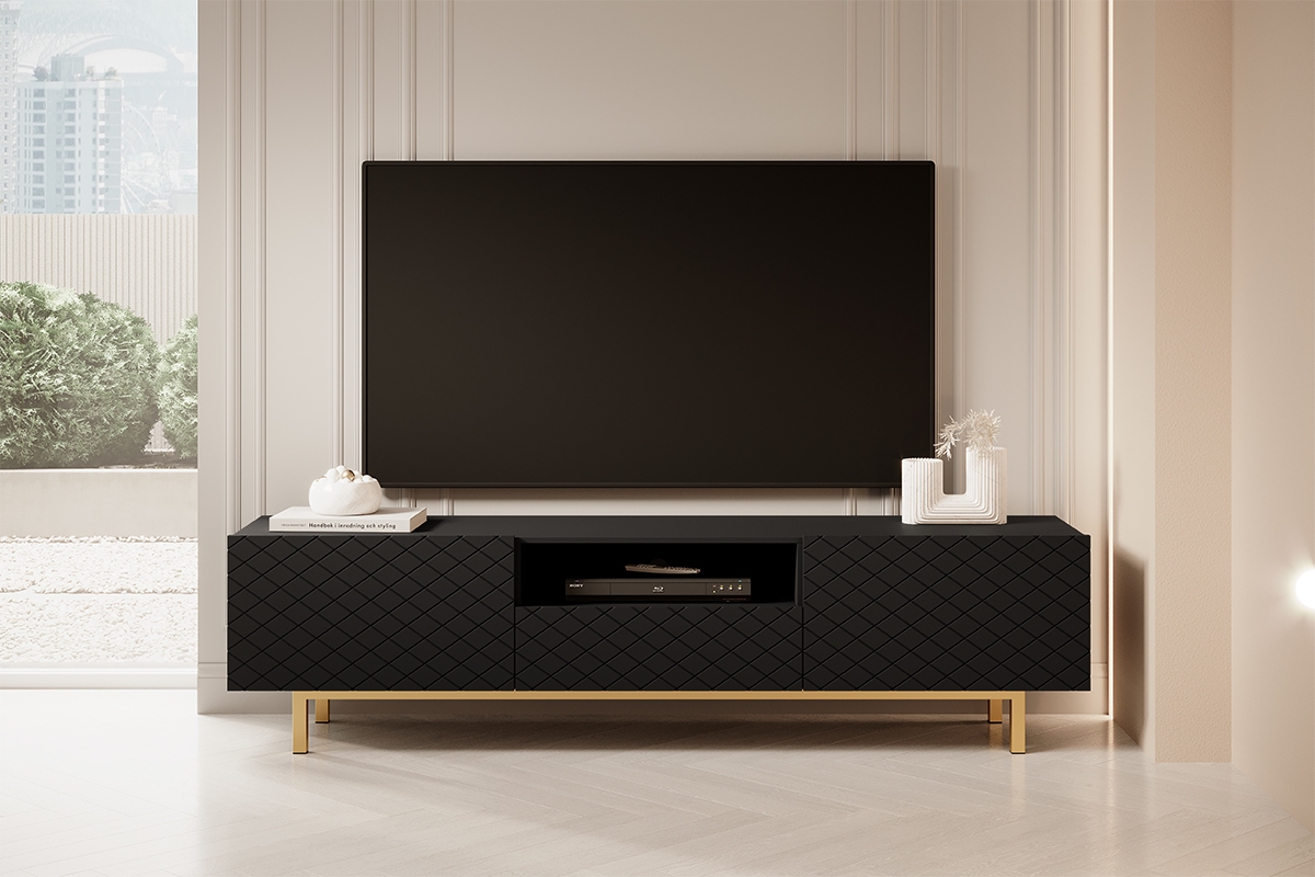 TV stolek Scalia II 190 cm s výklenkem - černý mat / zlatý podstavec TV skříňka Scalia II 190 2K1SZ s výklenkem - Černý mat / Podstavec Rošt - aranzacja