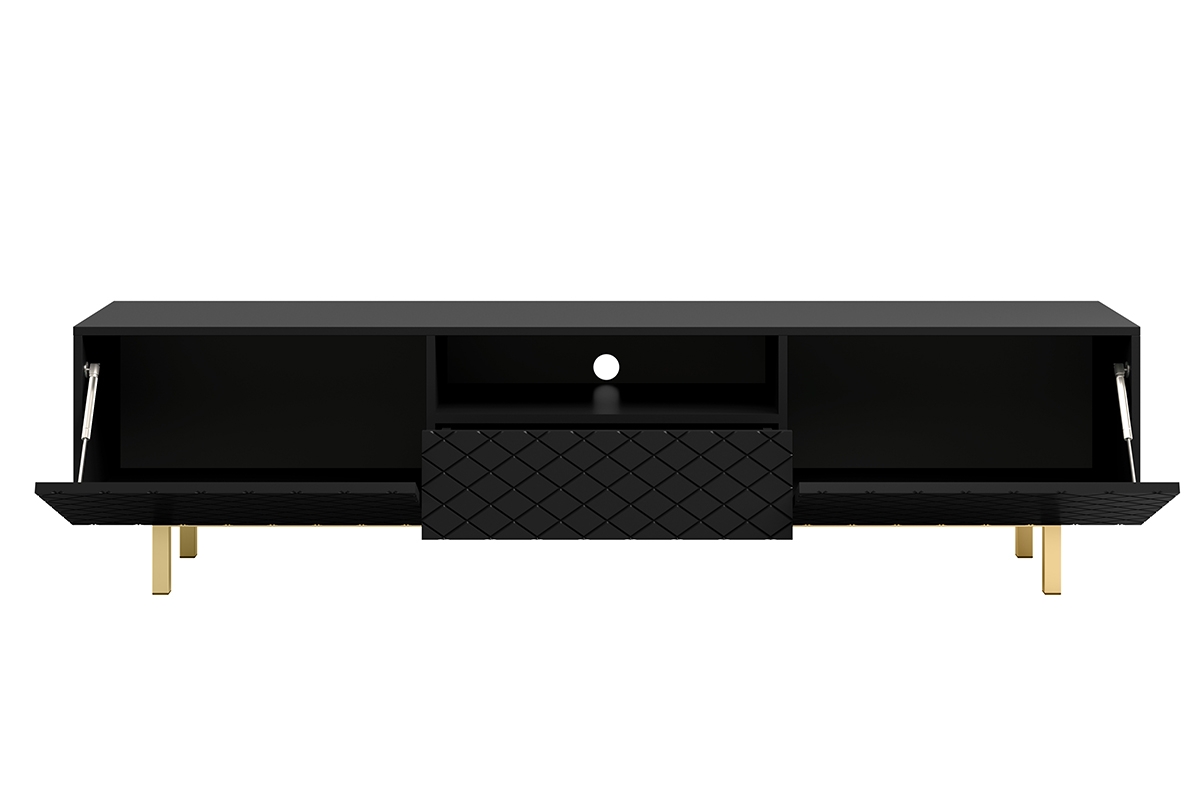 SCALIA II 190 2K1SZ TV-szekrény nyitott polccal - matt fekete / arany lábak SCALIA II 190 2K1SZ TV-szekrény előlapi bemélyedés - fekete matt / arany lábak - belső