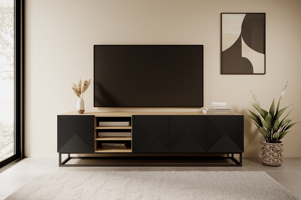 Asha TV-szekrény 200 cm fém kereten, polccal - artisan /fekete matt Asha TV-szekrény 200 cm fém kereten, polccal - artisan /fekete matt - elrendezés