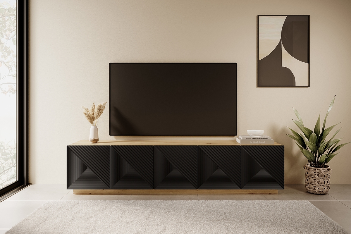 TV stolek Asha 200 cm - dub artisan / černý mat TV skříňka Asha 200 cm - artisan /Černý mat - aranzacja