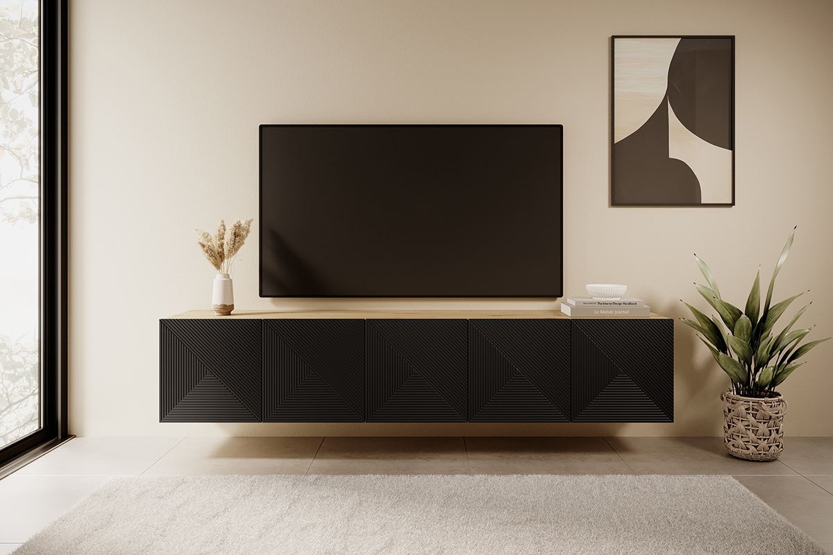 Závěsný TV stolek Asha 200 cm - dub artisan / černý mat TV skříňka závěsná Asha 200 cm - artisan /Černý mat - aranzacja