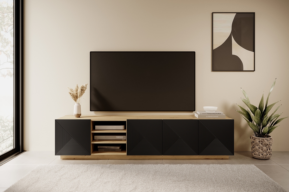 TV stolík Asha 200 cm s otvorenými policami - artisan / čierny mat TV skrinka Asha TV skrinka Nicole 200 cm s výklenkom - artisan /čierny mat - vizualizácia