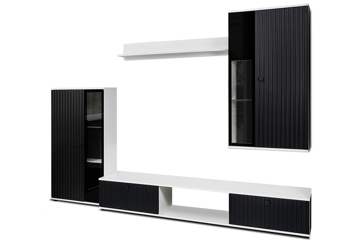 Obývacia stena Kaja z lamelami - čierny / biela čierny Biela Obývacia stena z lamelami