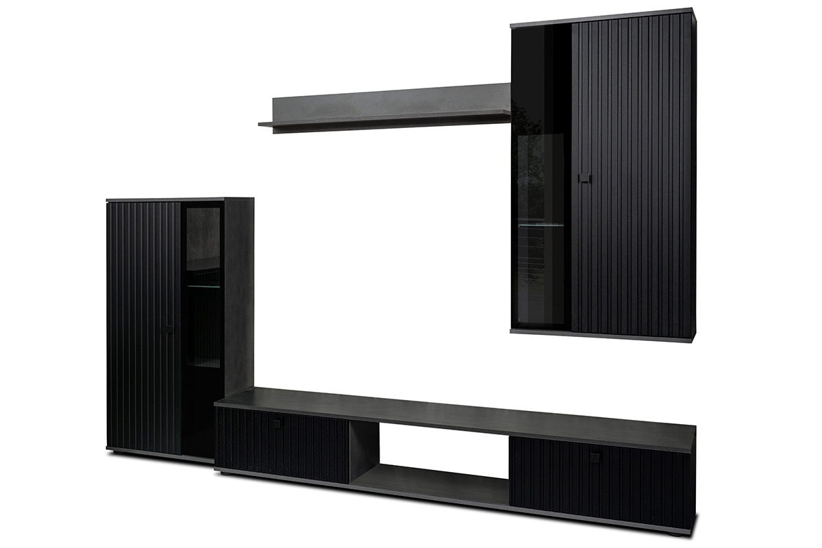 Obývací stěna Kaja s lamelami - černá / matera Obývací stěna Černá s lamelami