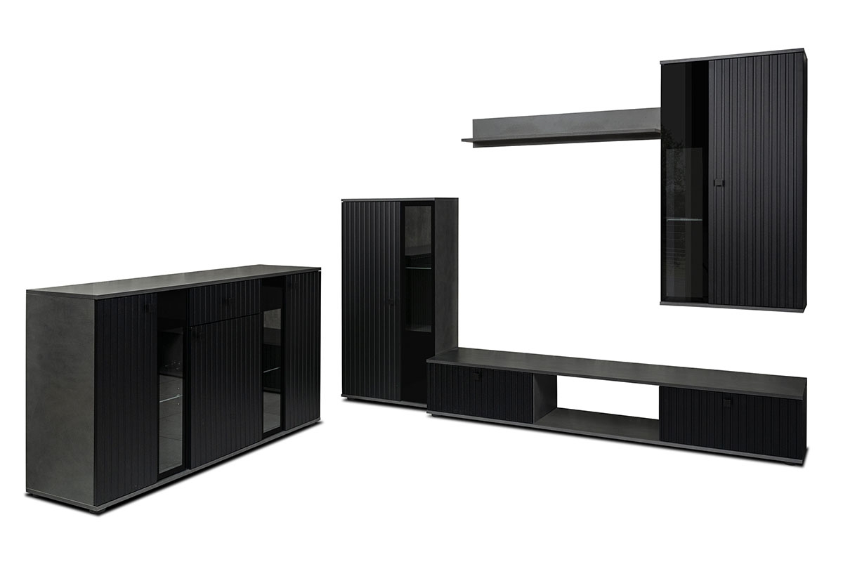 Komplet nábytku Kaja z lamelami - Čierny / matera Čierna Obývacia stena z lamelami
