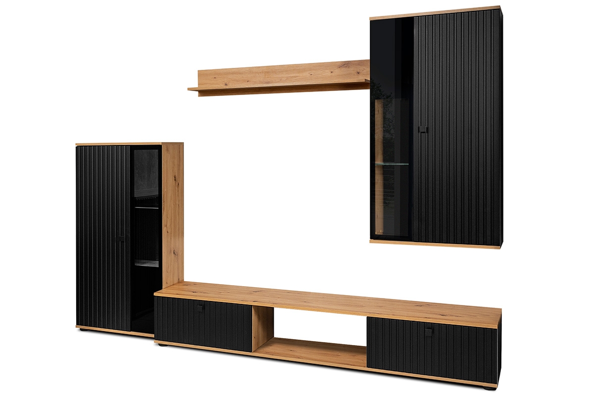 Obývací stěna Kaja s lamelami - černá / dub artisan Obývací stěna s lamelami