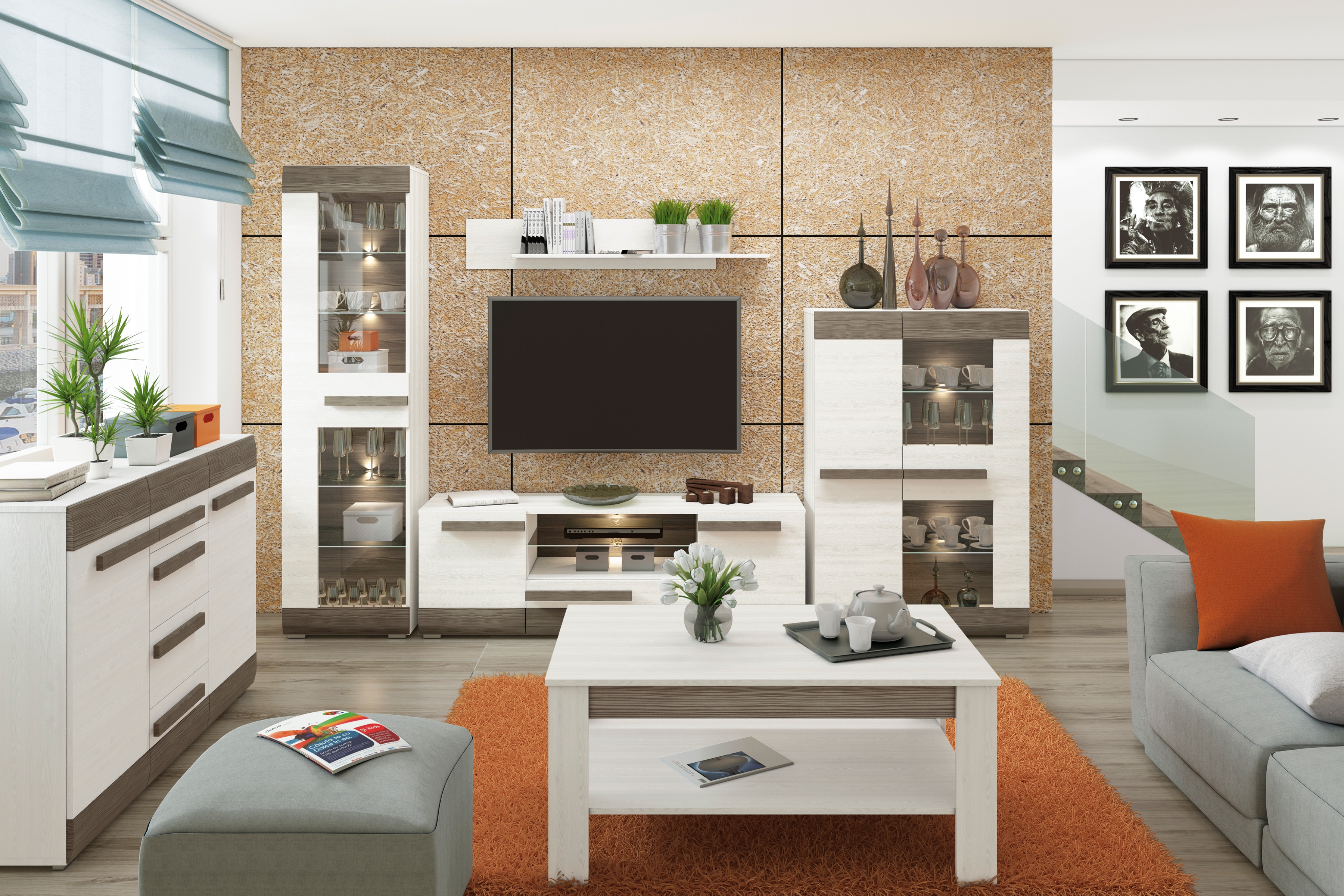 Komplet nábytku do obývacího pokoje Blanco 1 - Borovice sNezna / new grey - 6 elementow Komplet nábytku do obývacího pokoje Blanco 1 - Borovice sNezna / new grey - 6 elementow