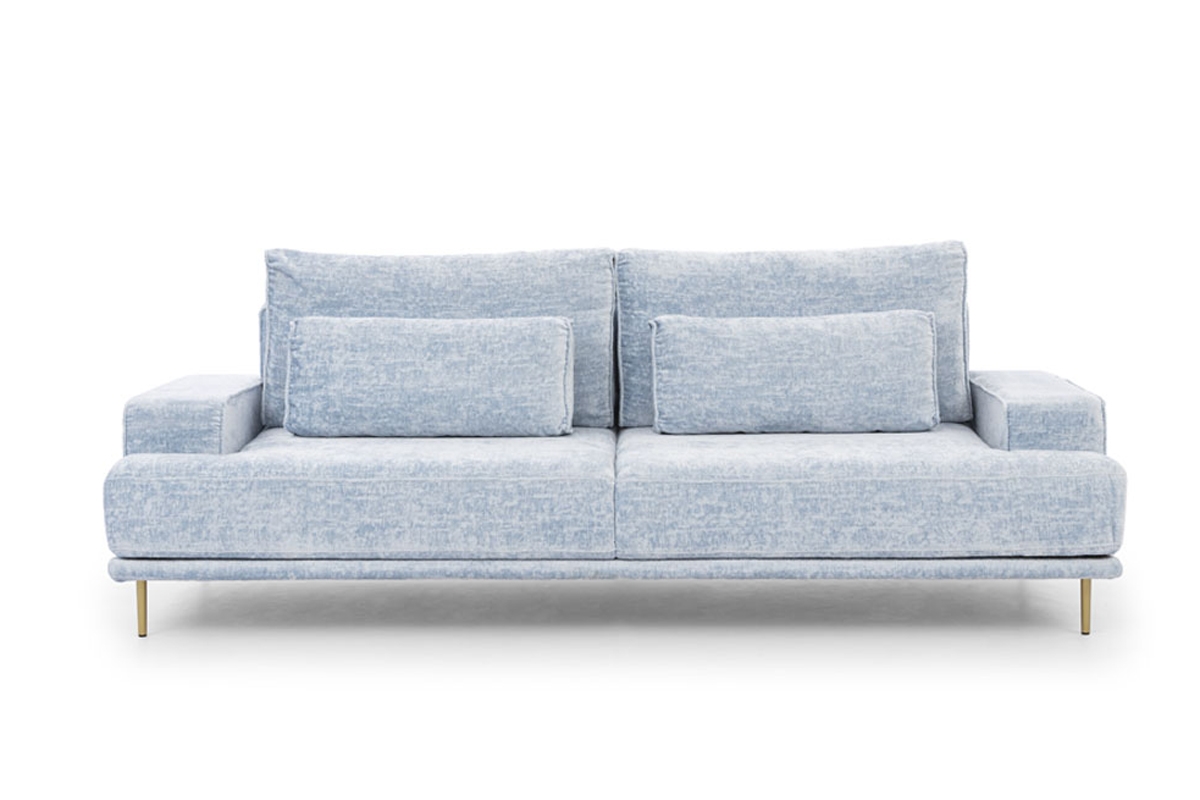 Canapea de sufragerie Nicole - albastru Miu 2052/Picioare aurii niebieska kanapa z miękkimi poduszkami 