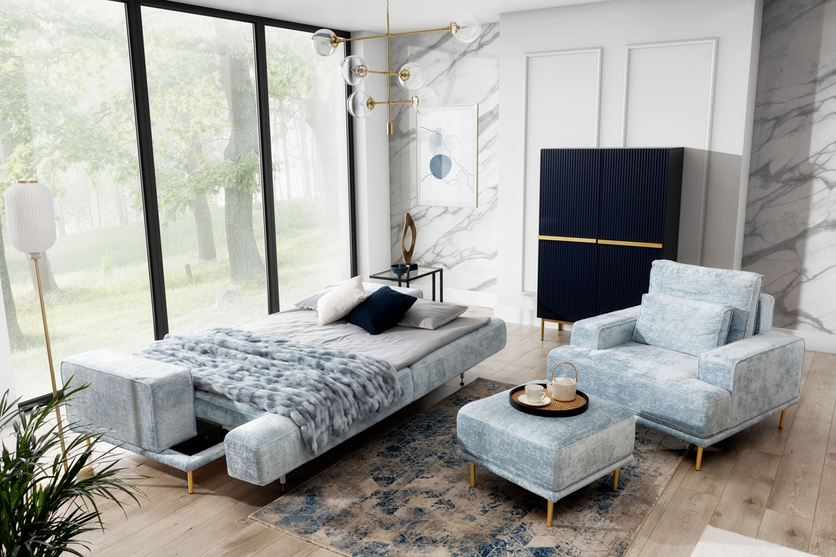 Canapea de sufragerie Nicole - albastru Miu 2052/Picioare aurii Komplet wypoczynkowy do obývacího pokoje 