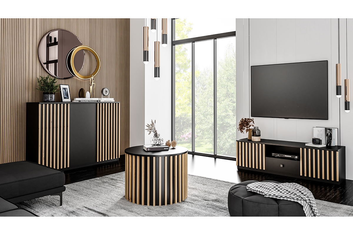 Komoda třídveřová z lamelami Latte 140 LE-3D - artisan/Černý Komplet nábytku do obývacího pokoje Latte Aranzacja