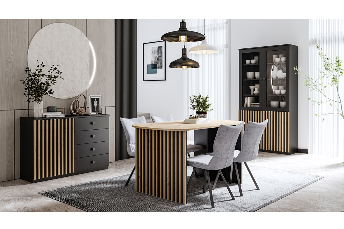 Stůl do jídelny z lamelami Latte LE-STOL artisan/Černý Komplet nábytku do jídelny Latte Aranzacja