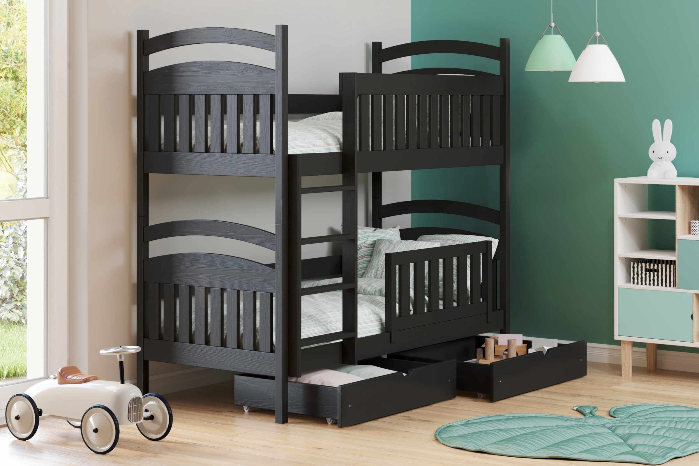 Dřevěná patrová postel Amely 90x180 - černá postel patrová  drewniane Amely - Barva Černý - aranzacja