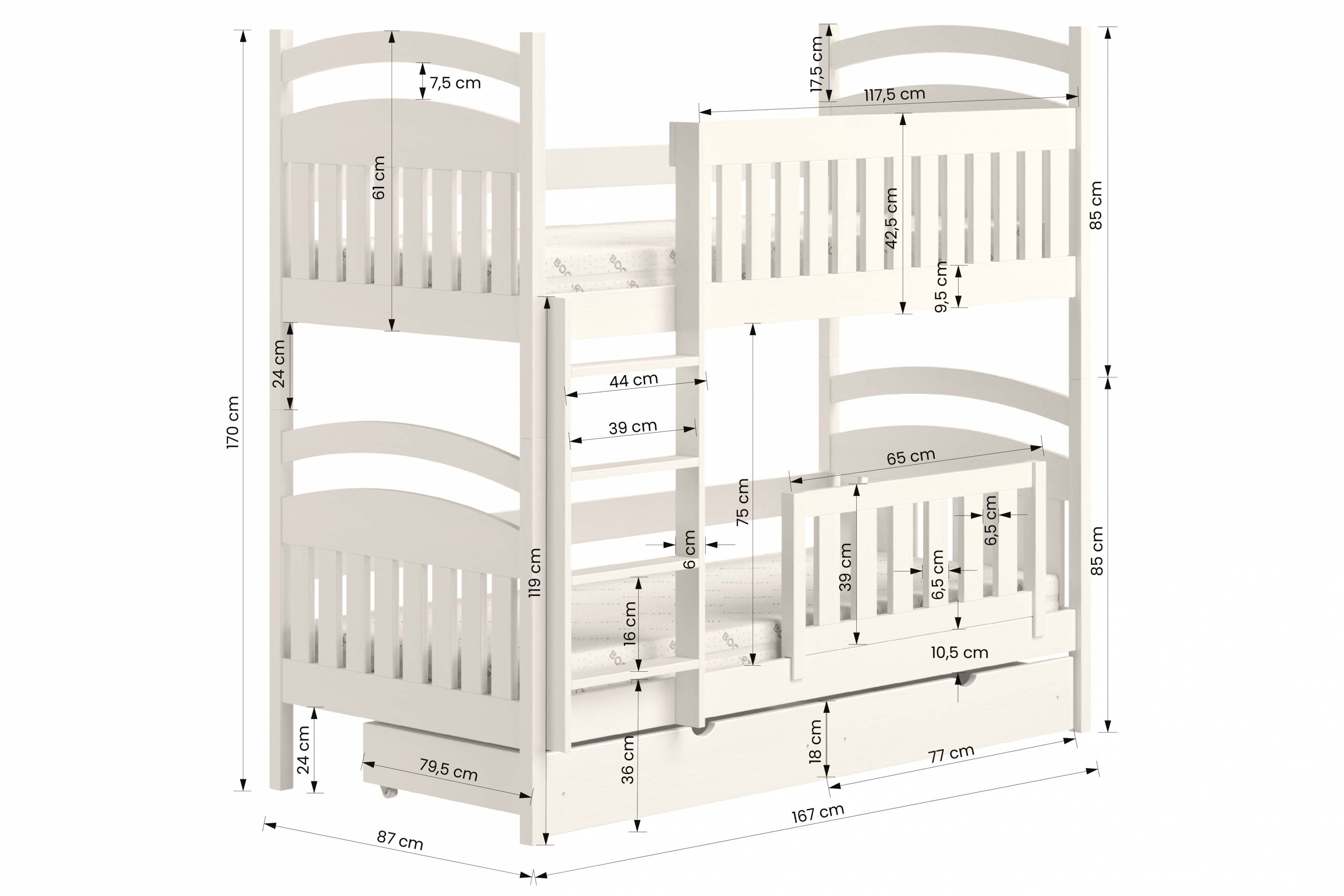 Poschodová posteľ Amely - 80x160 cm - biela Posteľ poschodová drevená Amely - Rozmery
