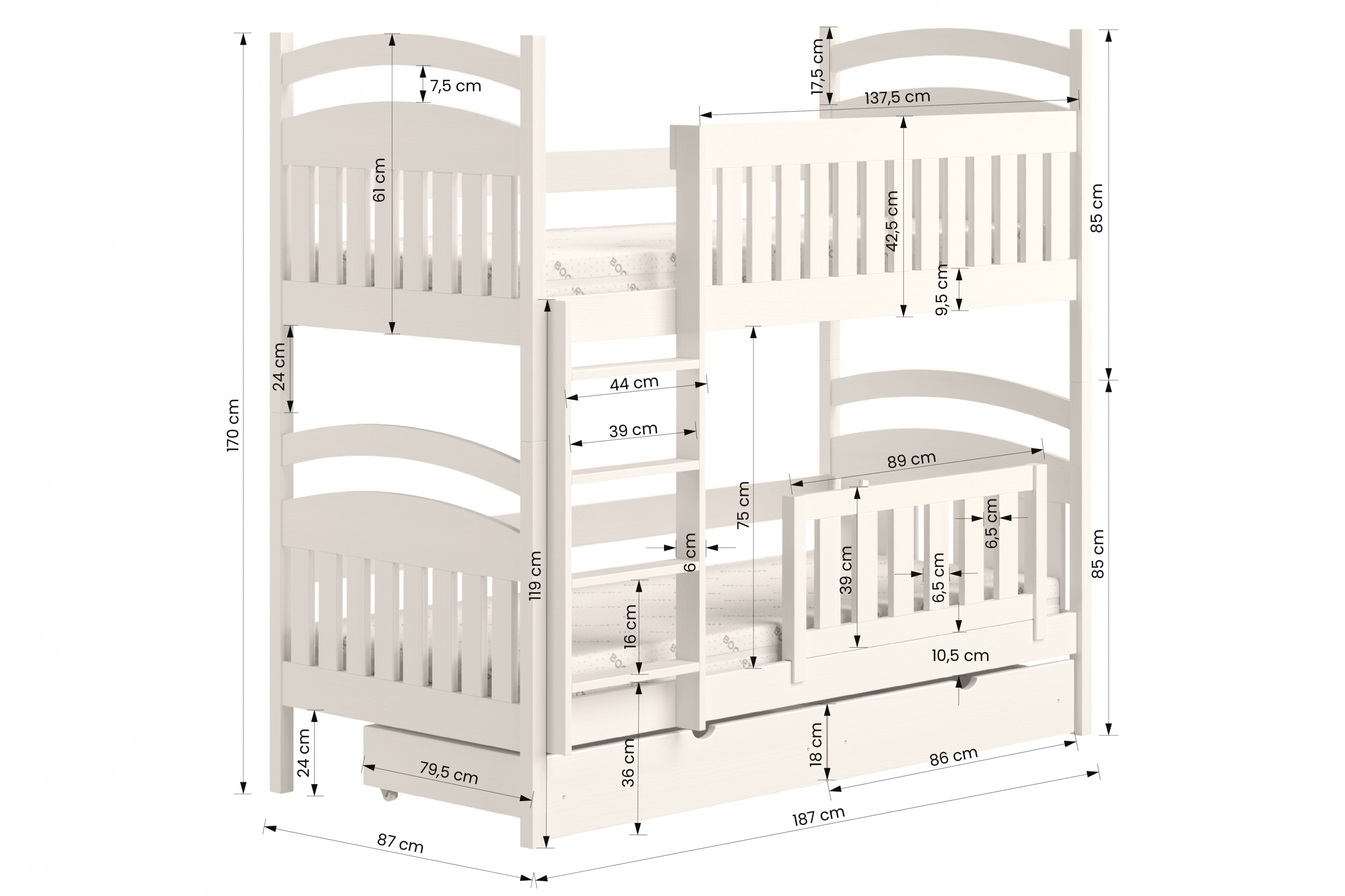 Dřevěná patrová postel Amely - Barva Bílý, rozměr 80x180 postel patrová  drewniane Amely - Rozměry