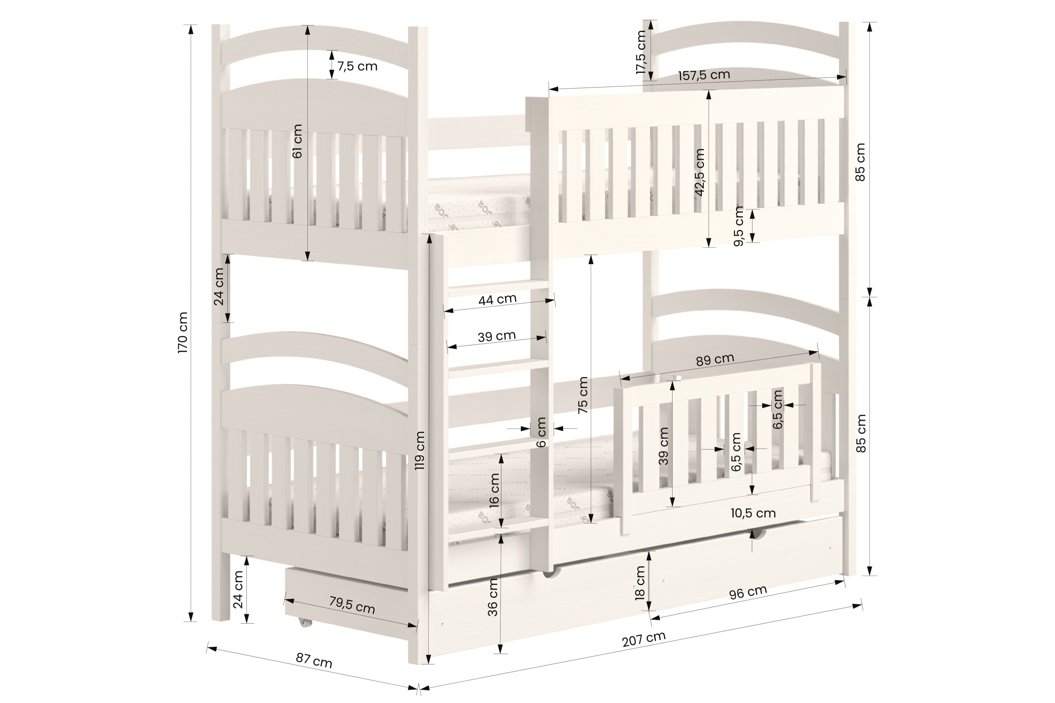 Dřevěná patrová postel Amely - Barva Bílý, rozměr 80x200 postel patrová  drewniane Amely - Rozměry