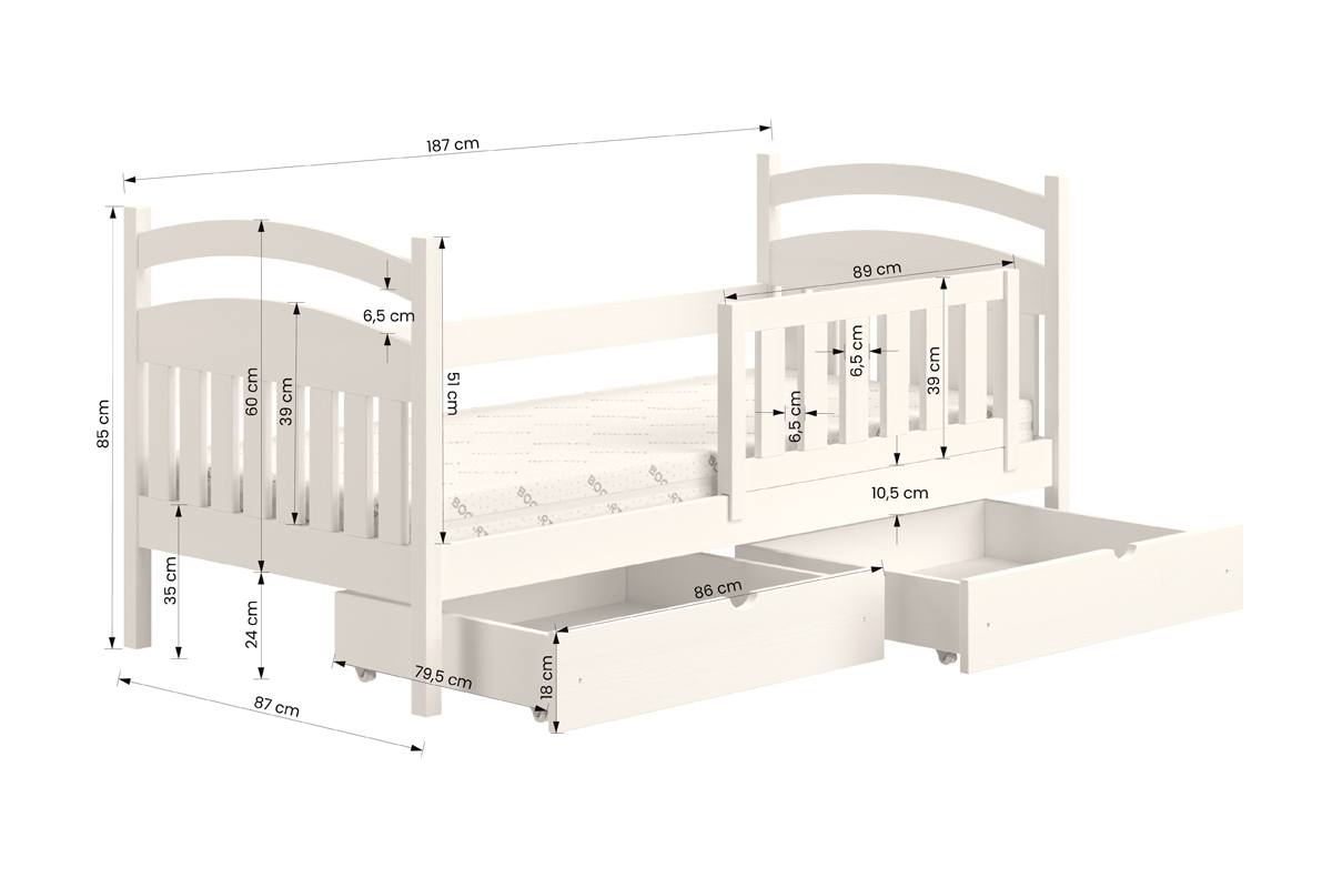 dřevěná dětská postel Amely - Barva Bílý, rozměr 80x180 dřevěná dětská postel Amely - Rozměry