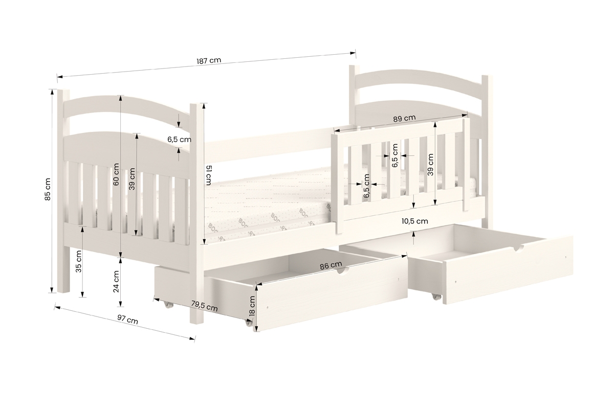 dřevěná dětská postel Amely - Barva Bílý, rozměr 90x180 dřevěná dětská postel Amely - Rozměry