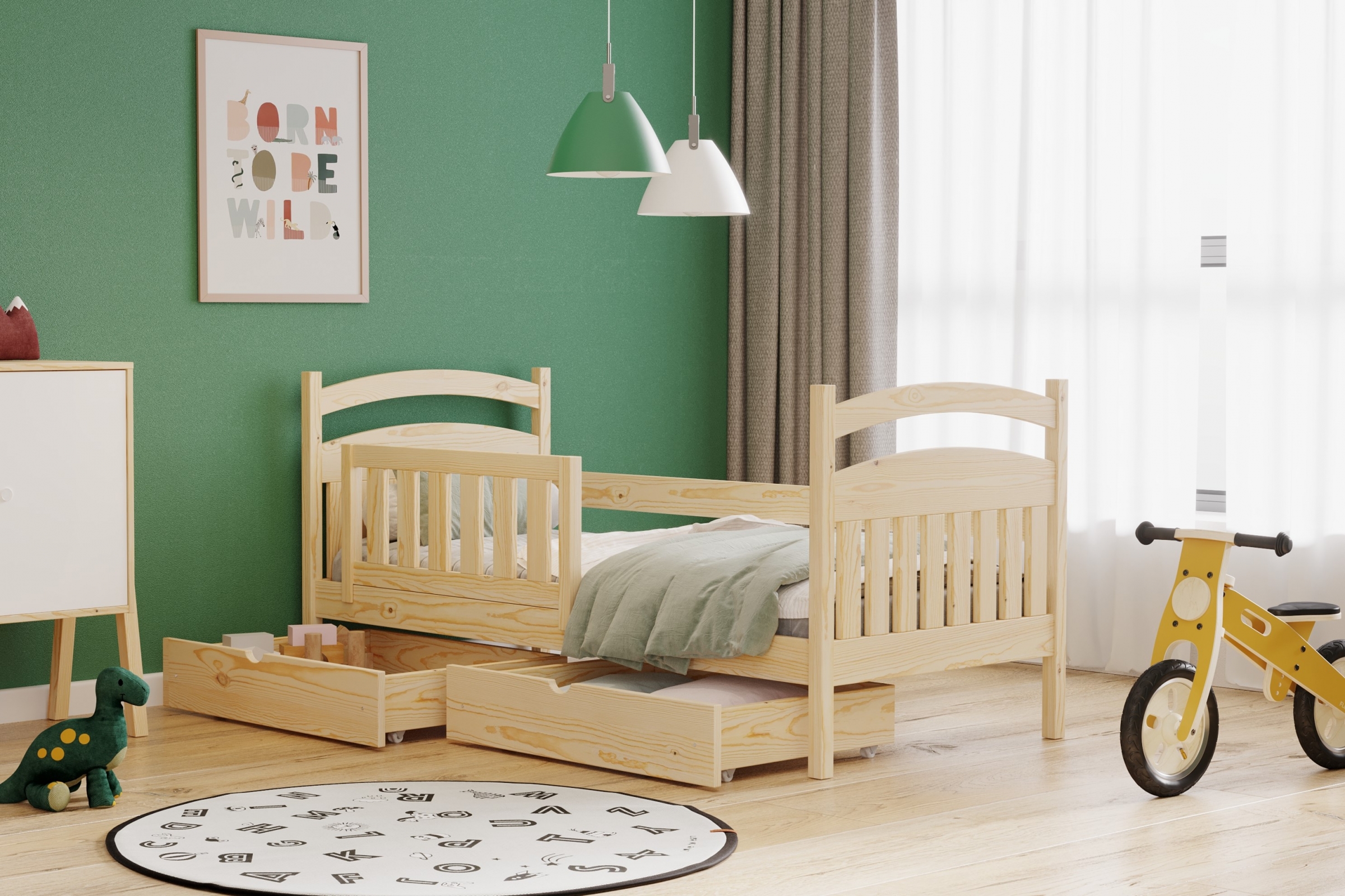 dřevěná dětská postel Amely - Barva Borovice, rozměr 70x140 postel dzieciece drewniane Amely - Barva Borovice - aranzacja