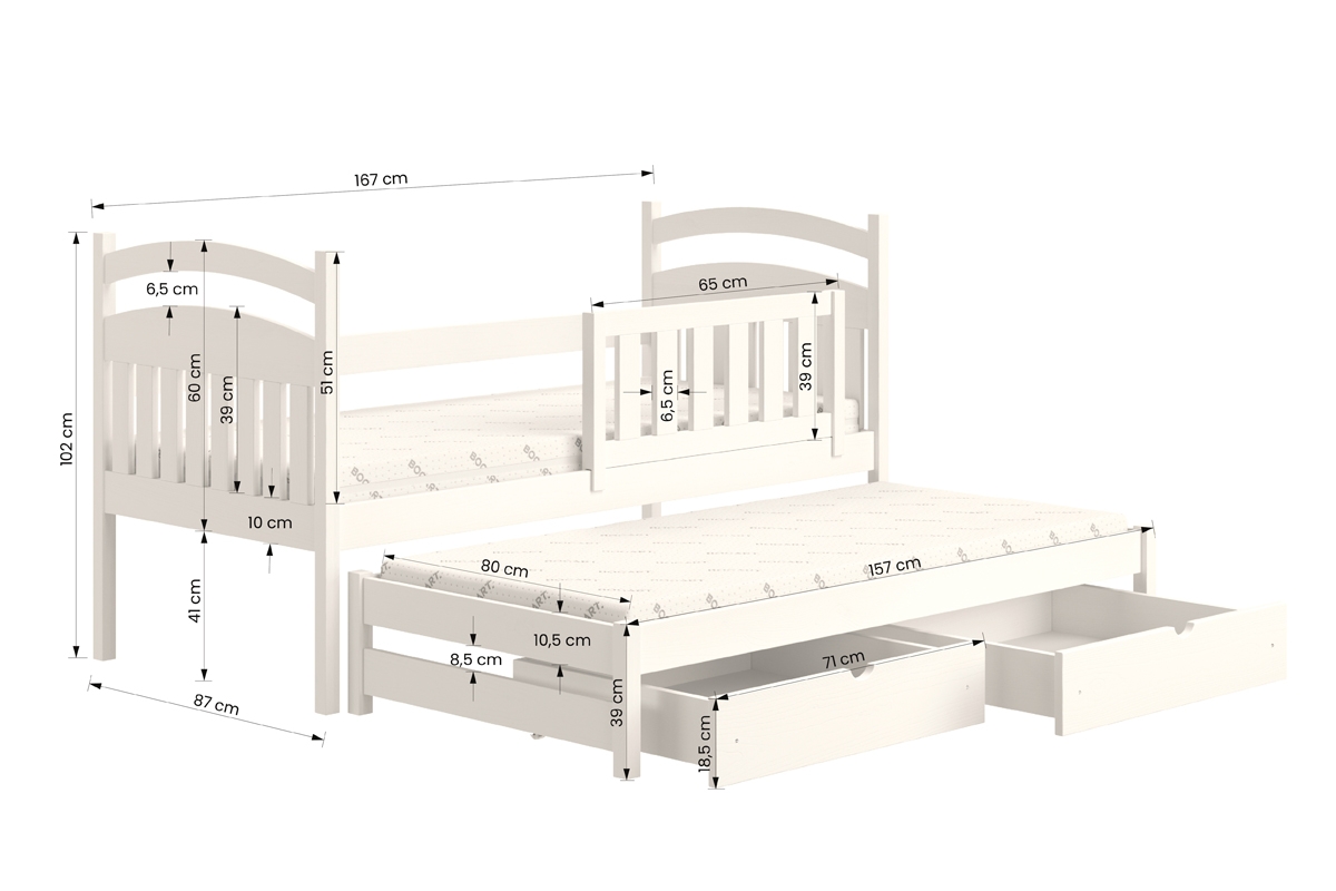 Detská posteľ prízemná výsuvna Amely - Farba Borovica, rozmer 80x160  Posteľ detská prízemná s výsuvným lôžkom Amely - Rozmery