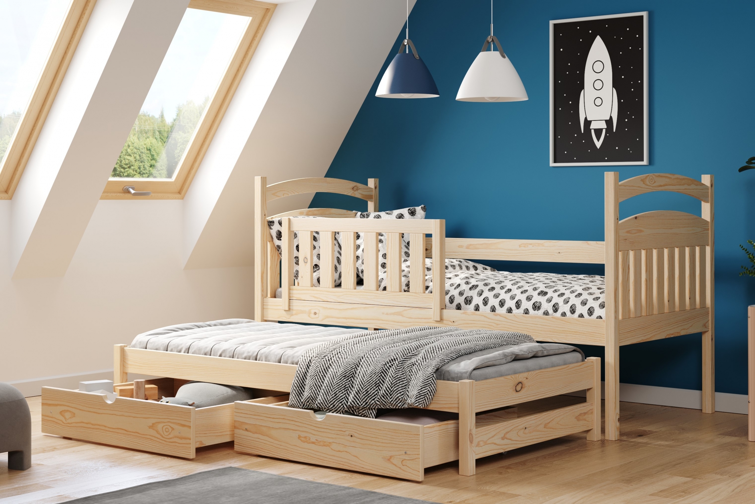 Detská posteľ prízemná výsuvna Amely - Farba Borovica, rozmer 80x180 Posteľ dzieciece prízemná s výsuvným lôžkom Amely - Farba Borovica - vizualizácia