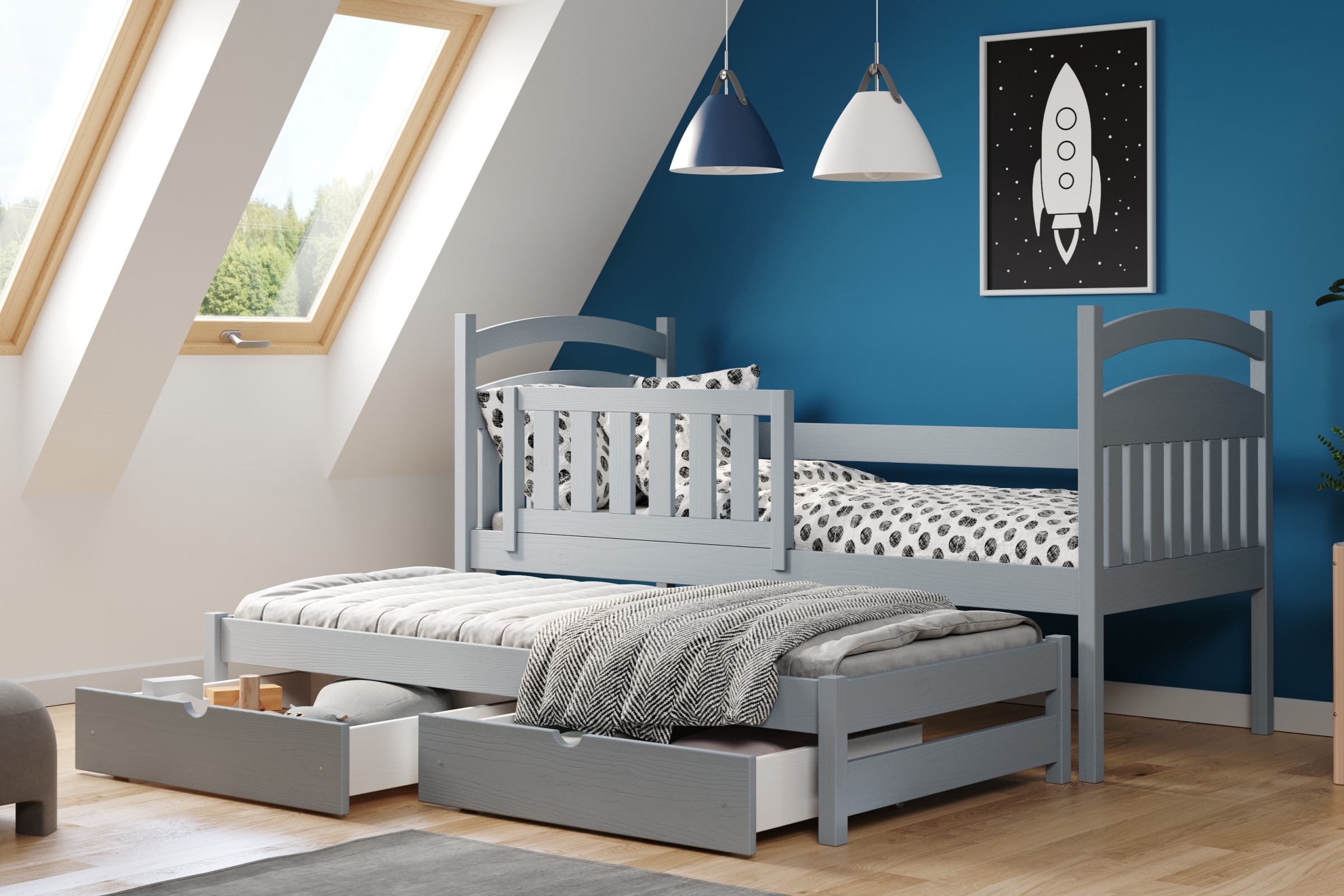 Detská posteľ prízemná výsuvna Amely - Farba šedý, rozmer 80x180 Posteľ dzieciece prízemná s výsuvným lôžkom Amely - Farba šedý - vizualizácia