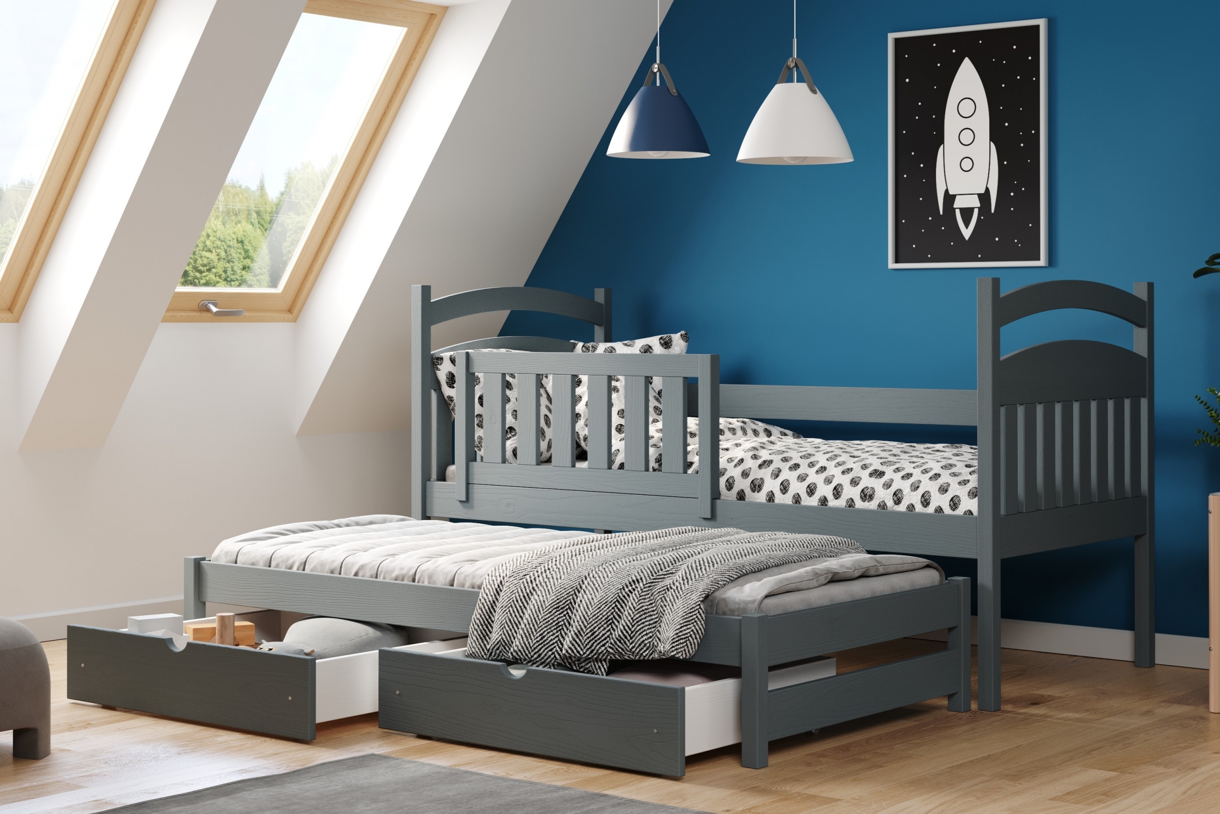 Detská posteľ prízemná výsuvna Amely - Farba grafit, rozmer 80x160 Posteľ dzieciece prízemná s výsuvným lôžkom Amely - Farba grafit - vizualizácia