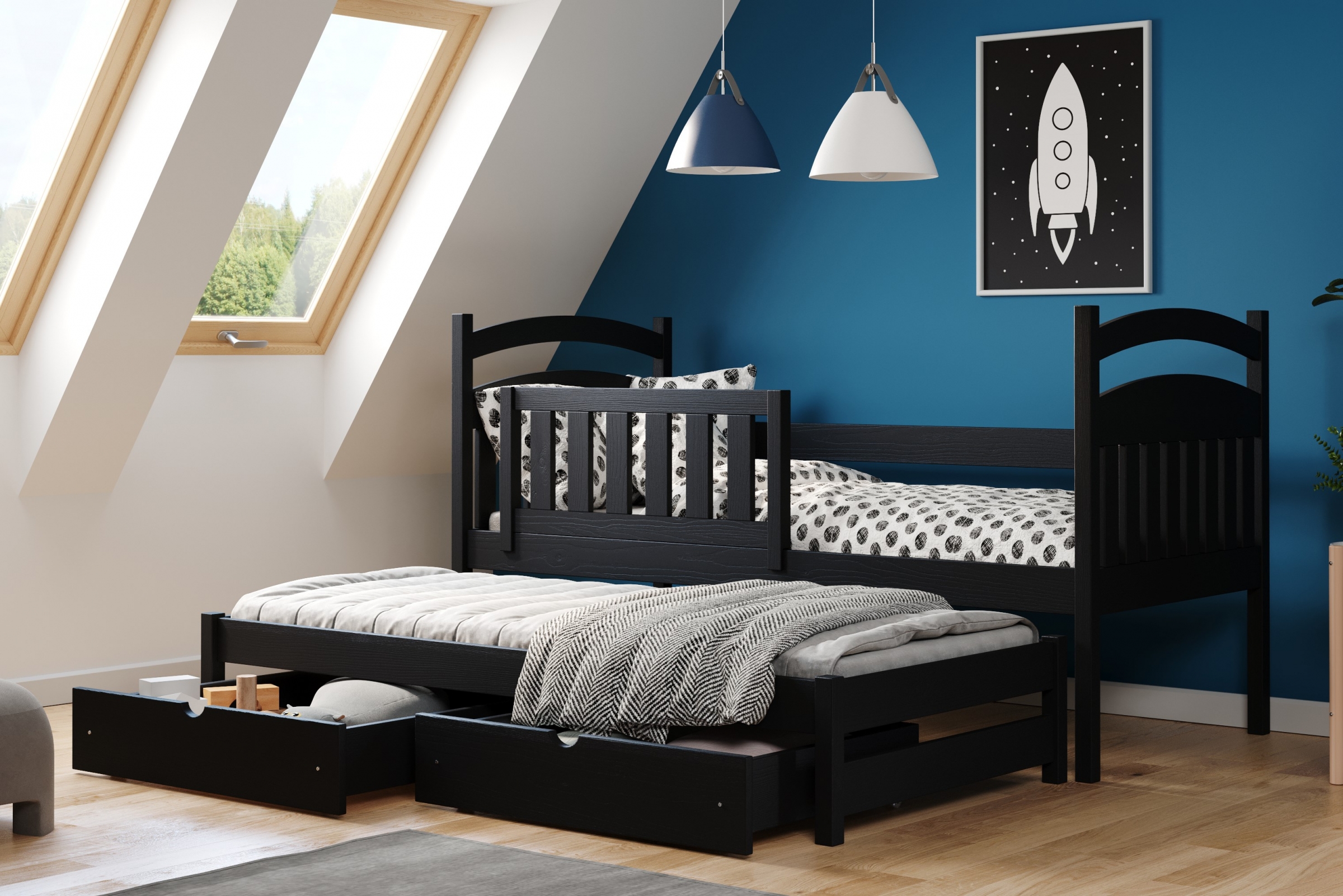 Detská posteľ prízemná výsuvna Amely - Farba Čierny, rozmer 80x180 Posteľ dzieciece prízemná s výsuvným lôžkom Amely - Farba Čierny - vizualizácia