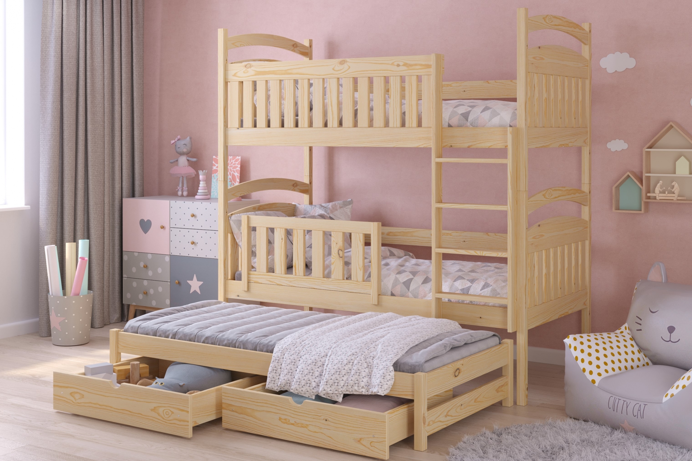  postel dětské patrová  výsuvná 3 os. Amely - Barva Borovice, rozměr 80x200 postel patrová  výsuvná 3 os. Amely - Barva Borovice - aranzacja