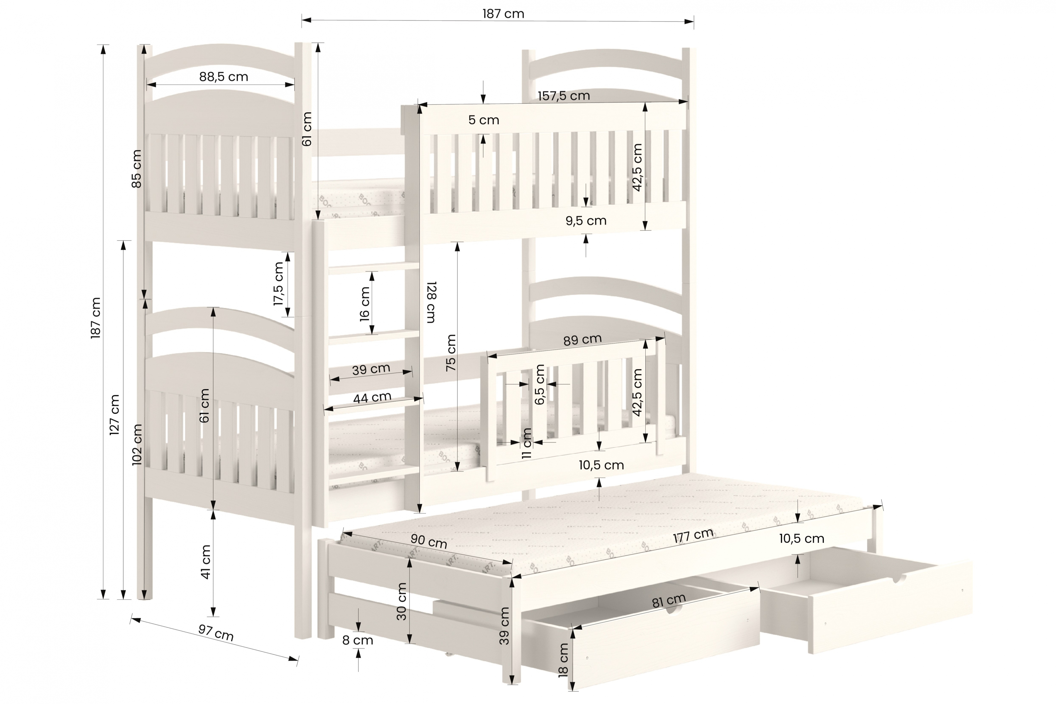 Posteľ detská poschodová výsuvna 3 os. Amely - Farba šedý, rozmer 90x180 Posteľ dzieciece poschodová výsuvna 3 os. Amely - Rozmery