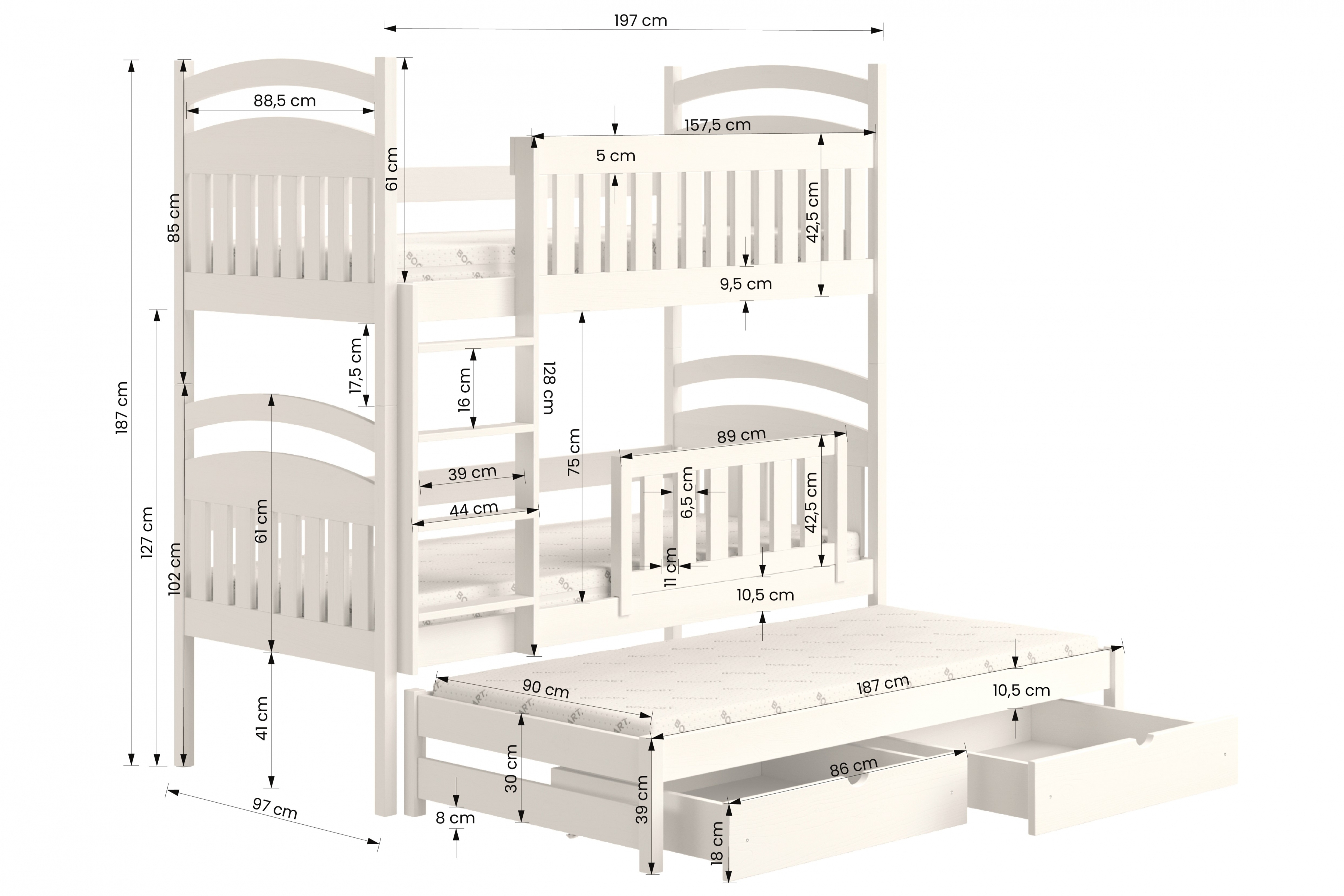 Patrová výsuvná postel Amely 90x190 pro 3 osoby - šedá postel dzieciece patrová  výsuvná 3 os. Amely - Rozměry