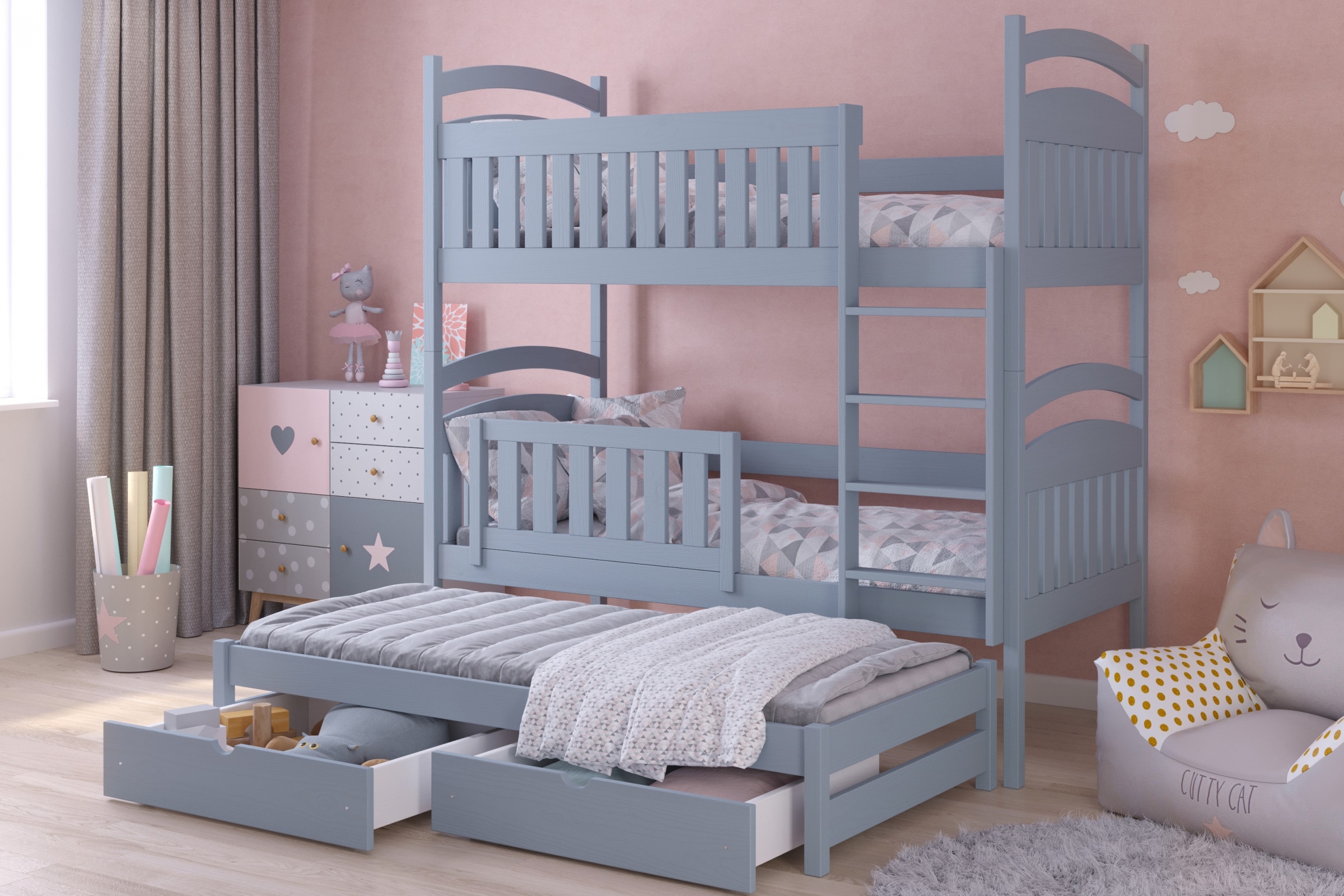 Patrová výsuvná postel Amely 90x190 pro 3 osoby - šedá postel dzieciece patrová  výsuvná 3 os. Amely - Barva šedý - aranzacja