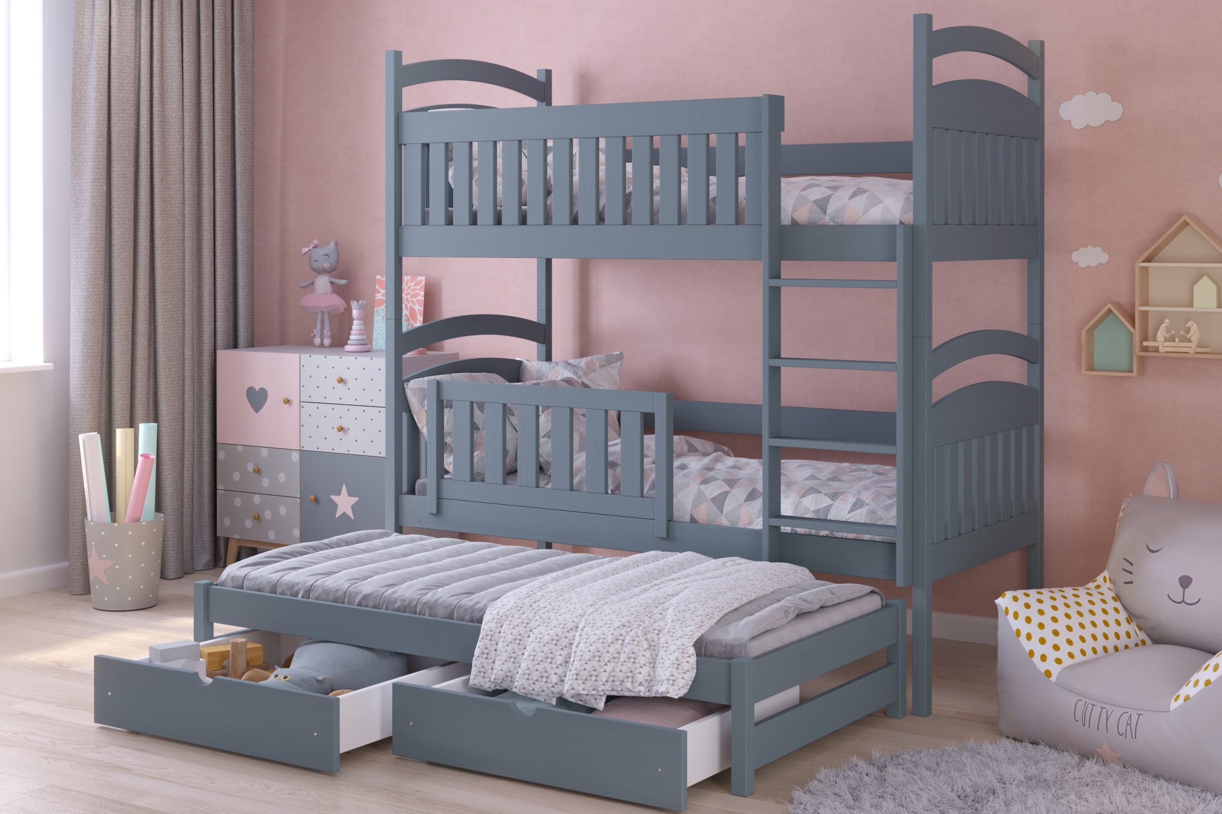  postel dětské patrová  výsuvná 3 os. Amely - Barva grafit, rozměr 80x160 postel dzieciece patrová  výsuvná 3 os. Amely - Barva grafit - aranzacja
