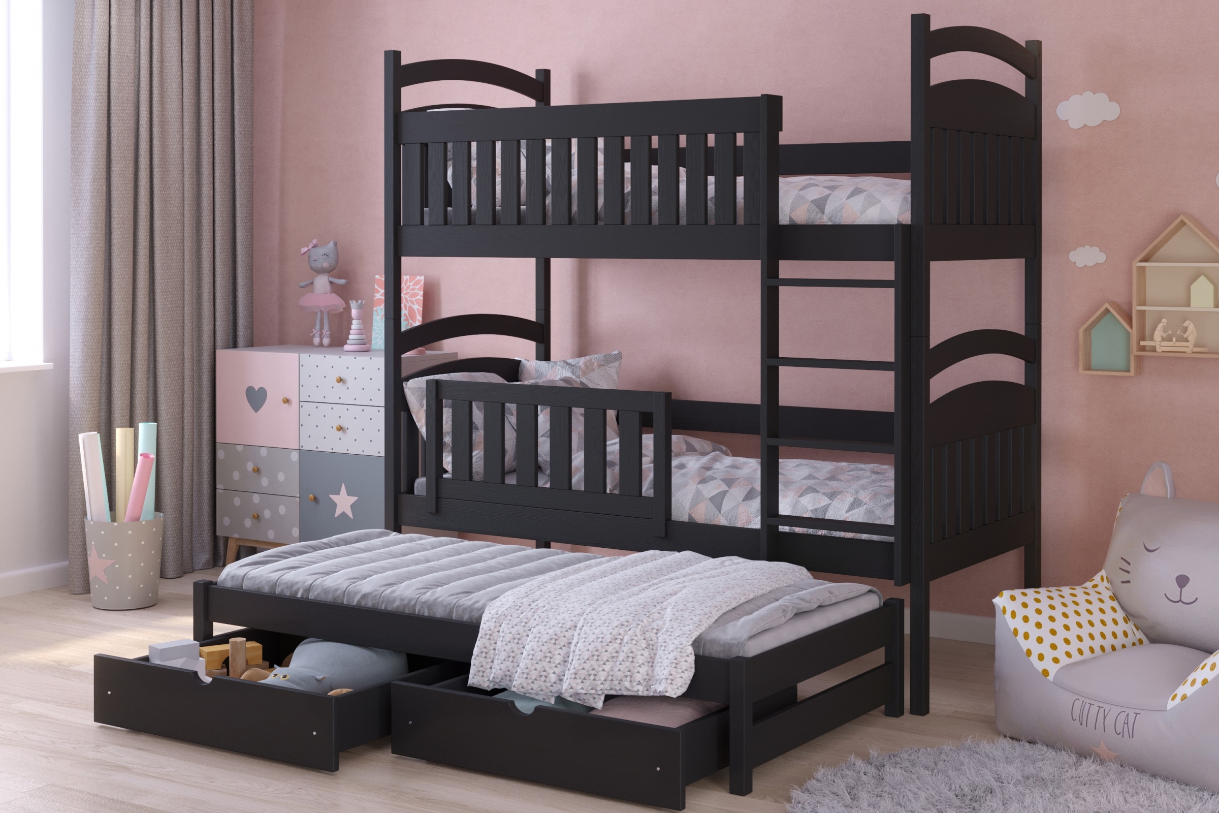 postel dětské patrová  výsuvná 3 os. Amely - Barva Černý, rozměr 80x180 postel dzieciece patrová  výsuvná 3 os. Amely - Barva Černý - aranzacja