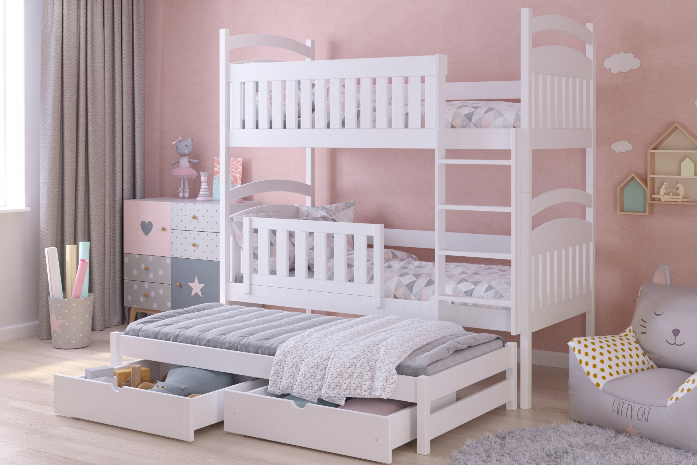 postel dětské patrová  výsuvná 3 os. Amely - Barva Bílý, rozměr 90x180 postel dzieciece patrová  výsuvná 3 os. Amely - Barva Bílý - aranzacja