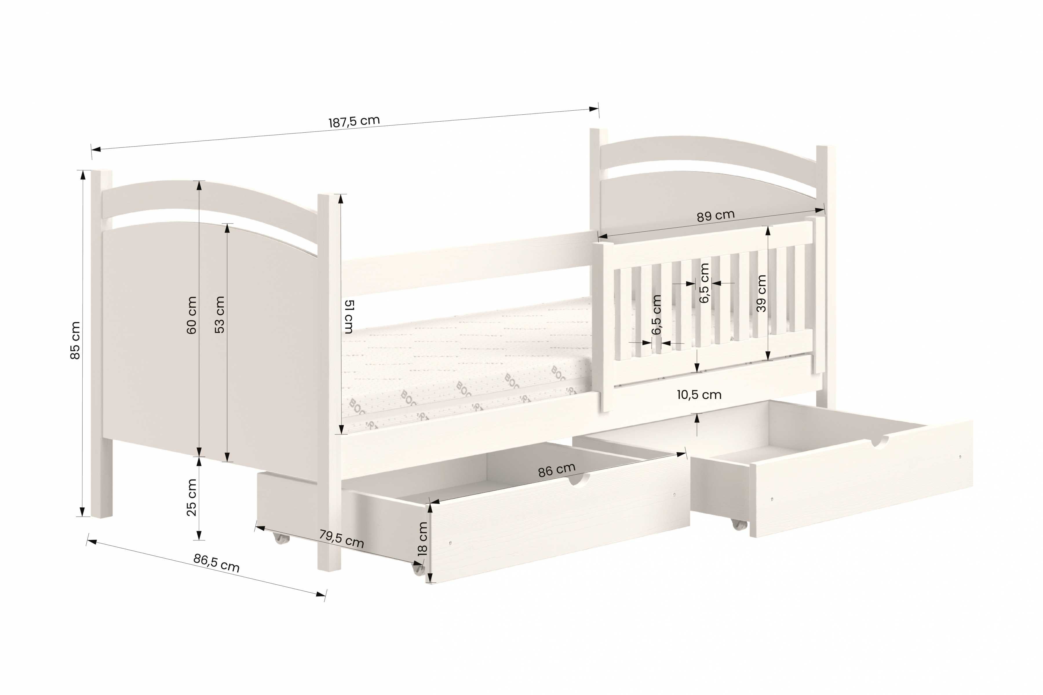 postel dětské s tabulí na suché mazání Amely - Barva Bílý, rozměr 80x180 postel dzieciece z tablica suchoscieralna Amely - Rozměry