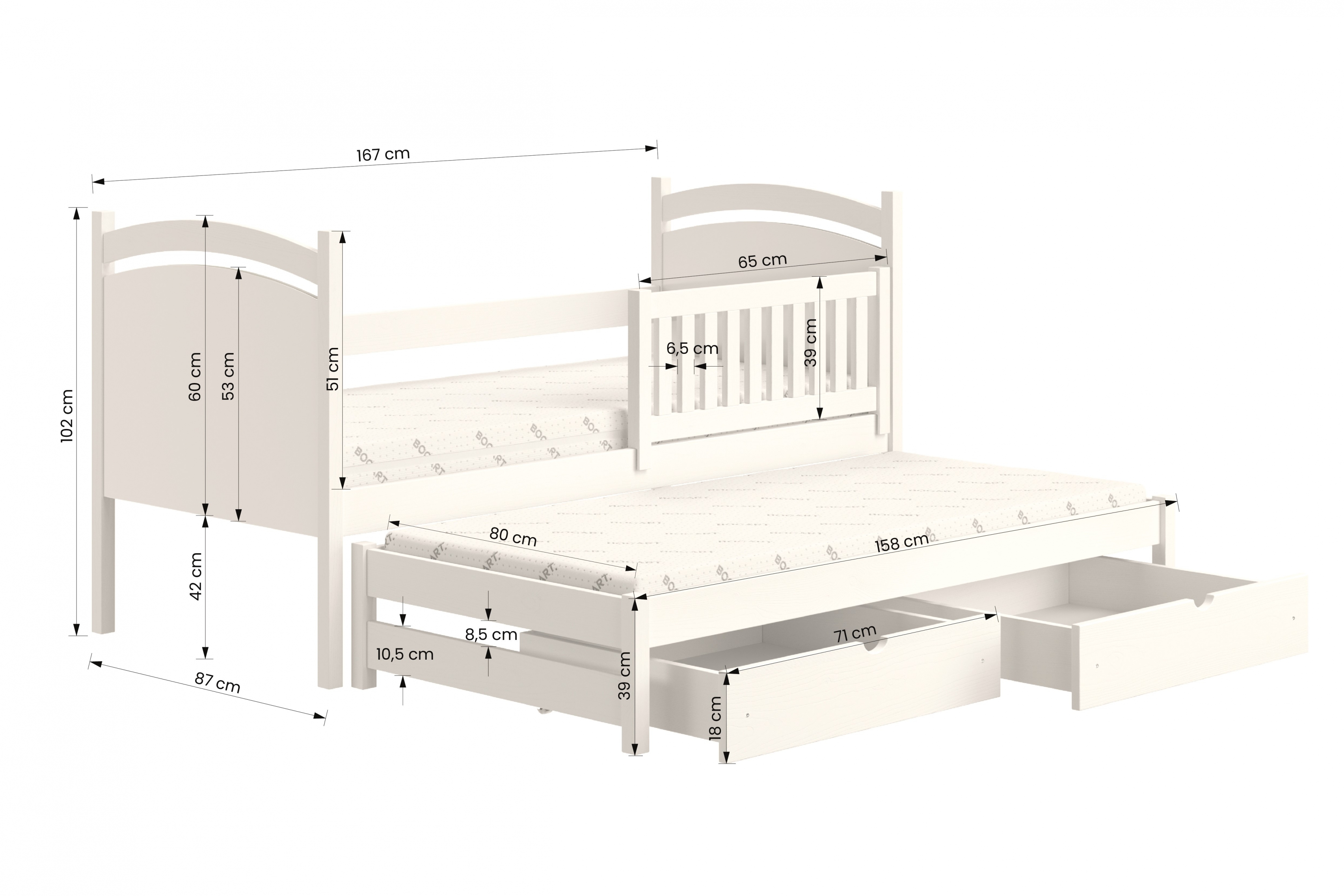 postel přízemní výsuvná s tabulí na suché mazání Amely - Barva Borovice, rozměr 80x160  postel přízemní výsuvná z tablica suchoscieralna Amely - Rozměry