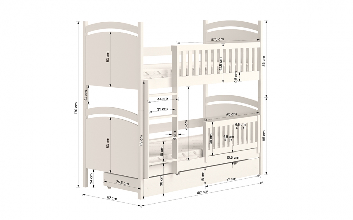 Posteľ poschodová s tabuľou Amely - Farba šedý, rozmer 80x160 Posteľ poschodová s tabuľou Amely - Rozmery