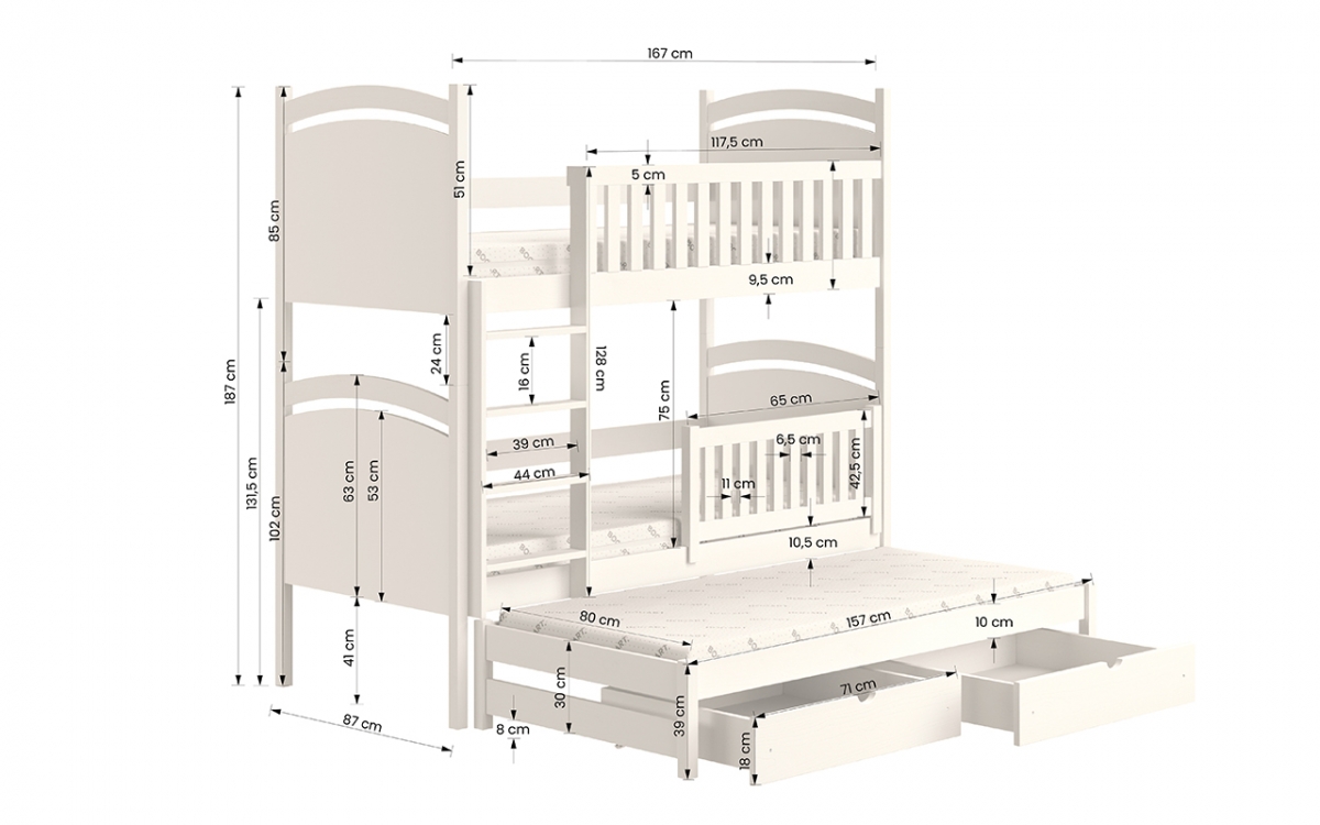 Amely kihúzható emeletes ágy, rajztáblával - fenyőfa, 80x160 Amely kihúzható emeletes ágy - méretek