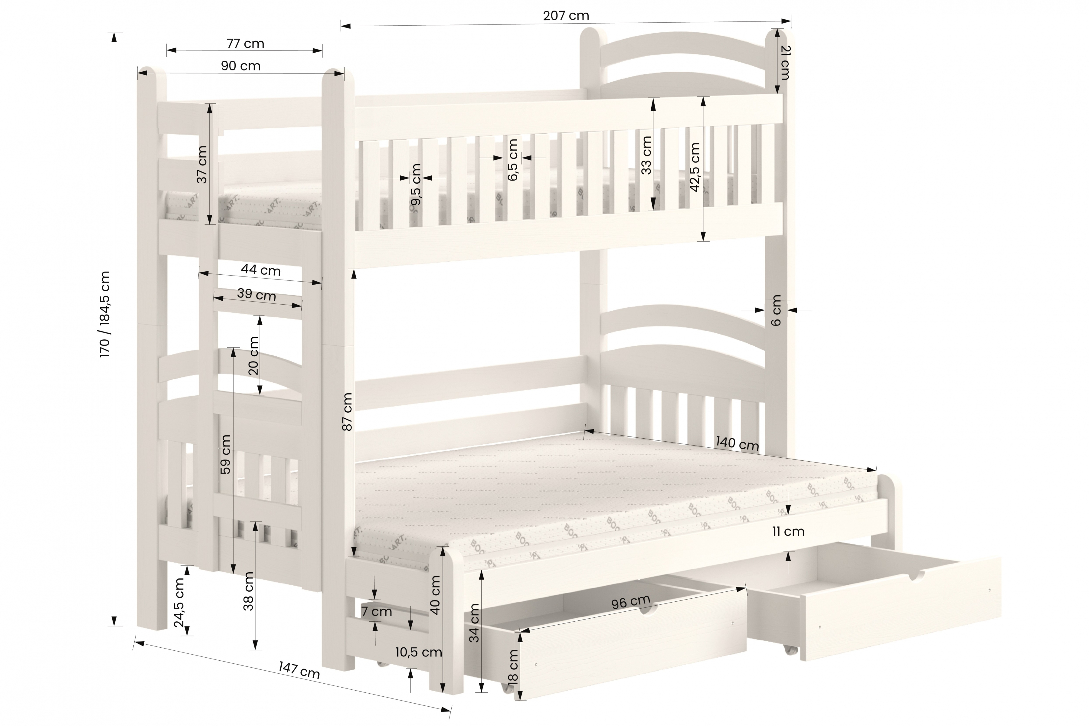 Amely Maxi emeletes ágy, bal oldal - fenyőfa, 80x200/140x200 Emeletes ágy Amely Maxi lewostronne - méretek