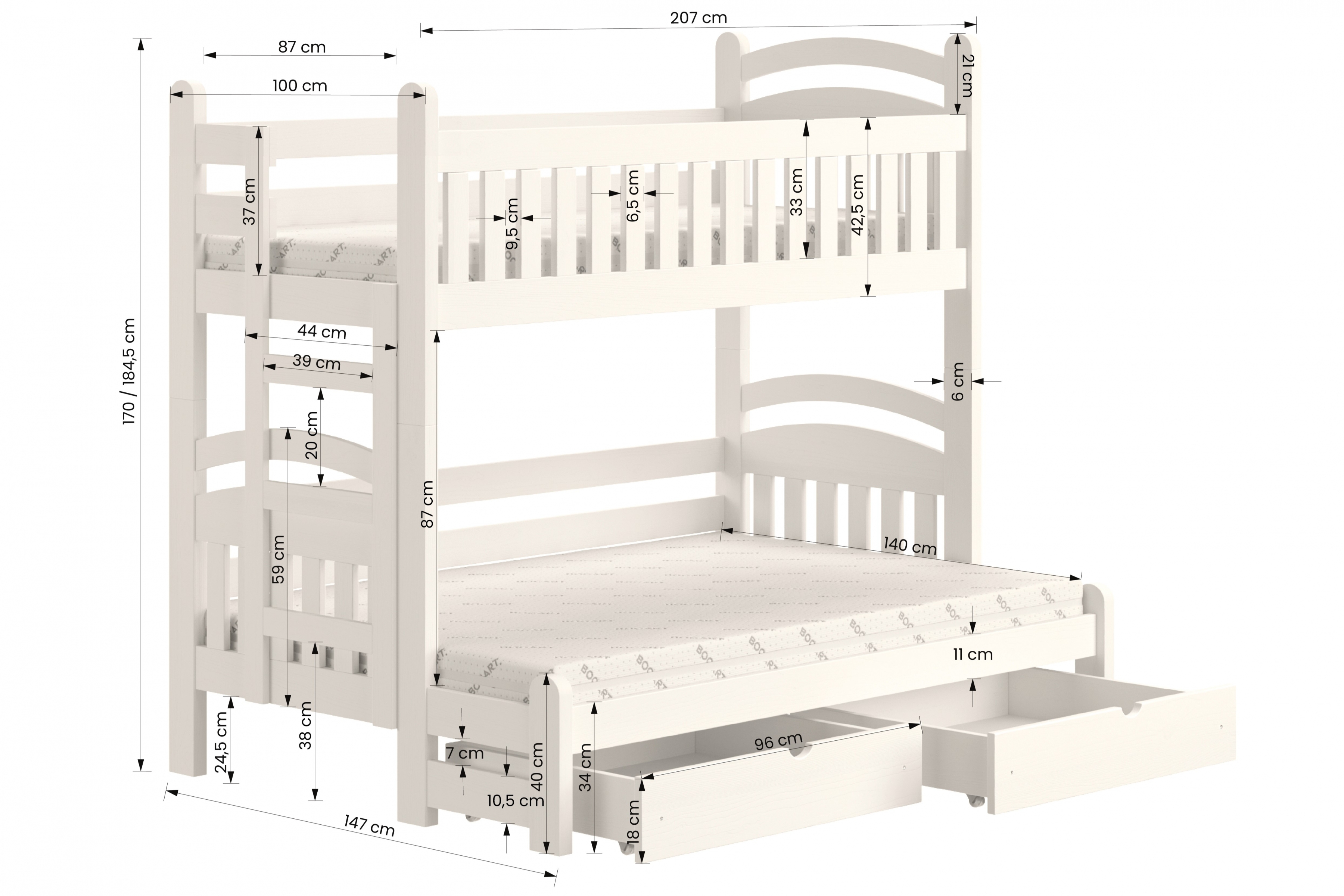 Amely Maxi emeletes ágy, jobb oldal - fenyőfa, 90x200/140x200 Emeletes ágy Amely Maxi prawostronne - méretek