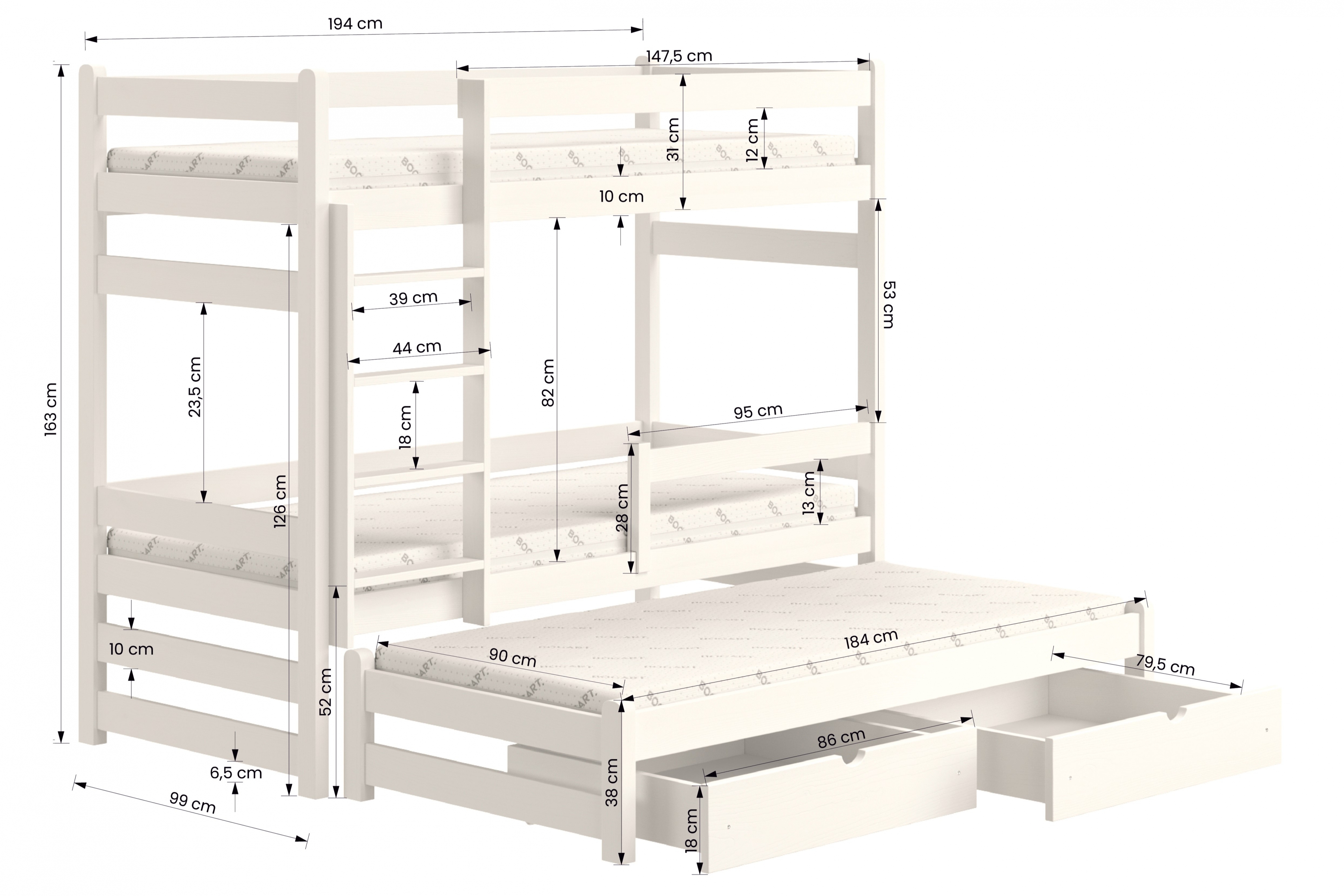 Alis PPV 018 emeletes ágy gyerekeknek, kihúzható - Szín: Fehér, Méret 90x190 Emeletes ágy kihúzhato Alis - méretek