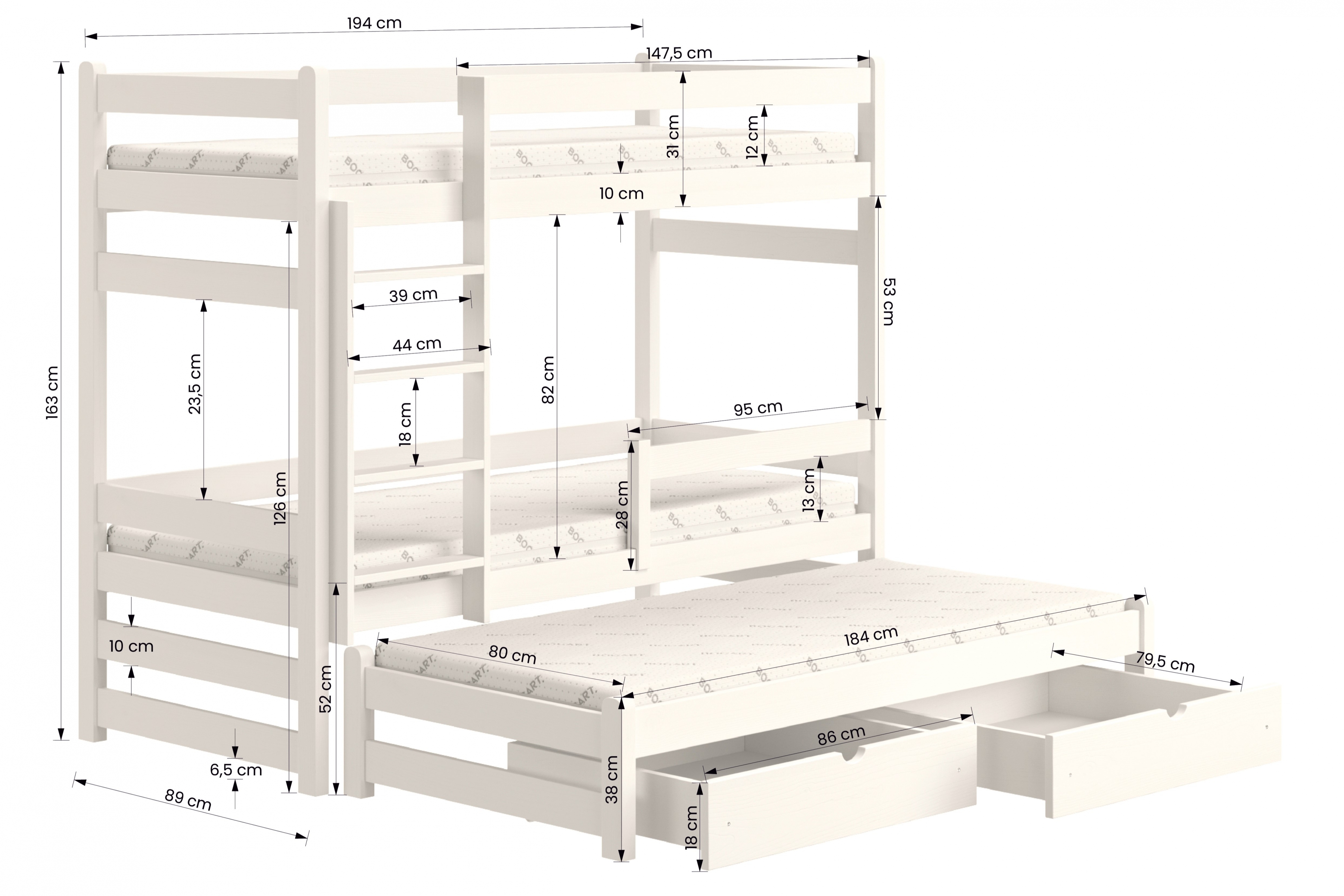Alis PPV 018 emeletes ágy gyerekeknek, kihúzható - Szín: Fehér, Méret 80x190 Emeletes ágy kihúzhato Alis - méretek