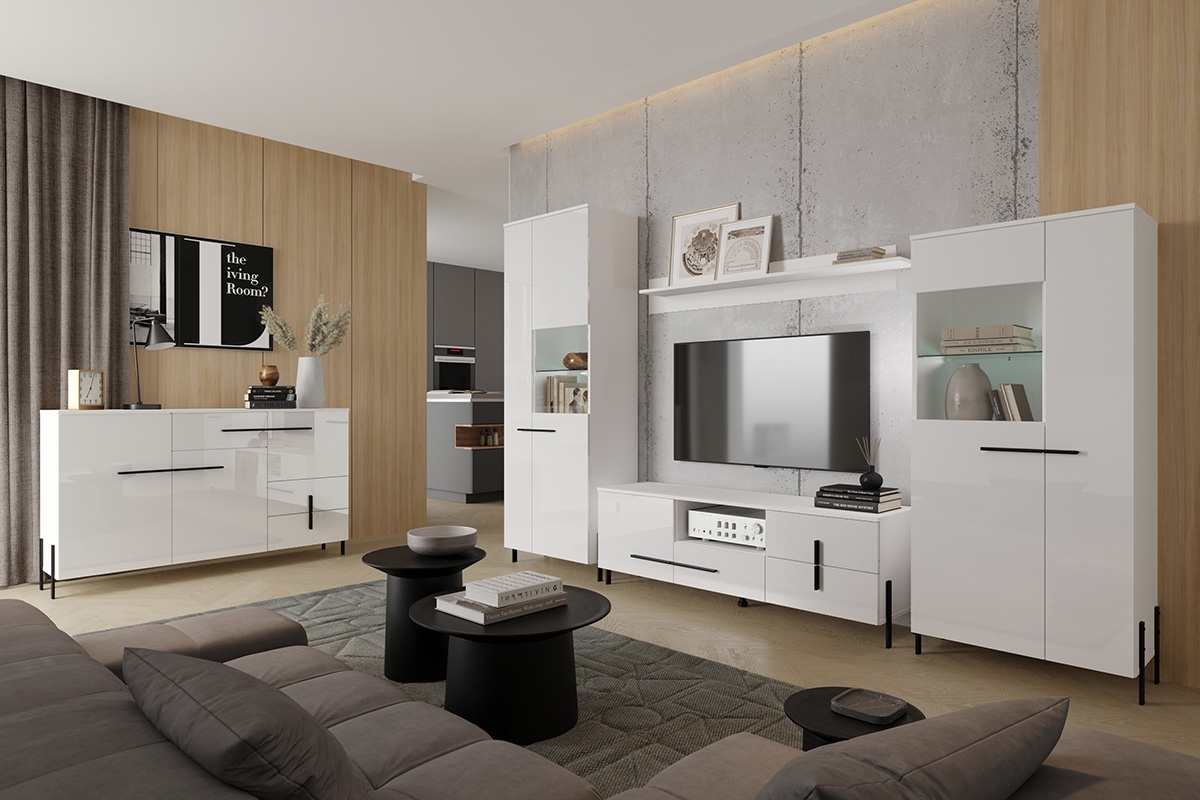 TV skříňka Nalor na kovové podstavě - Bílý lesk / Černý biale Nábytek pro obývacího pokoje
