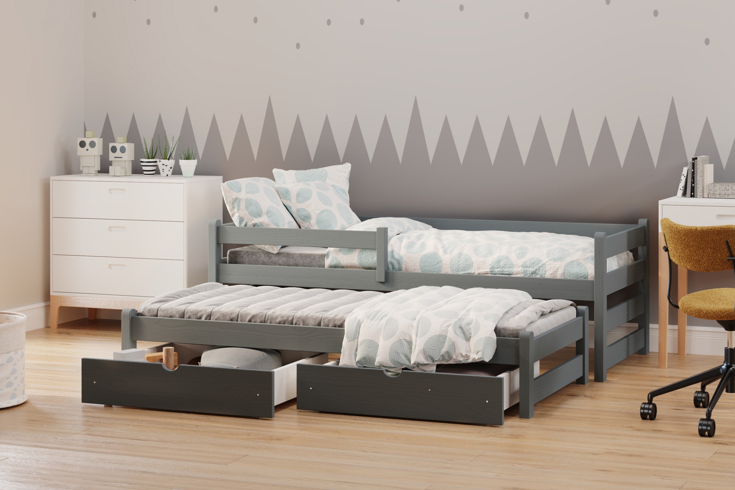 Detská posteľ prízemná s výsuvným lôžkom Alis DPV 001 - grafit, 80x200 Posteľ prízemná s výsuvným lôžkom Alis - Farba Grafit - vizualizácia