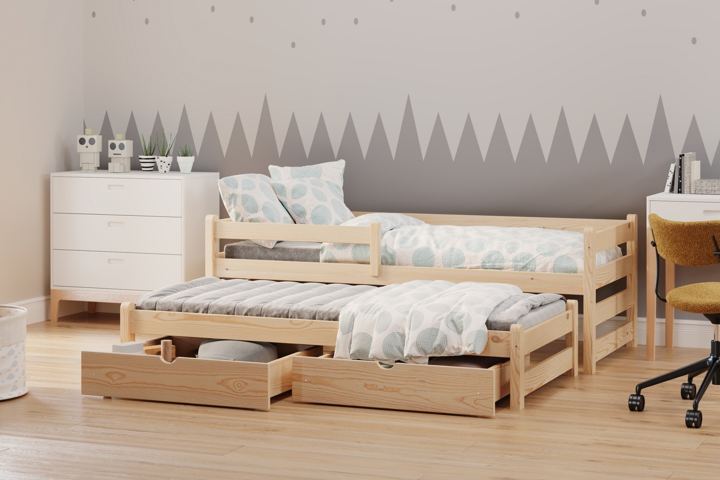 Detská posteľ prízemná s výsuvným lôžkom Alis DPV 001 - Borovica, 90x190 Posteľ prízemná s výsuvným lôžkom Alis - Farba Borovica - vizualizácia