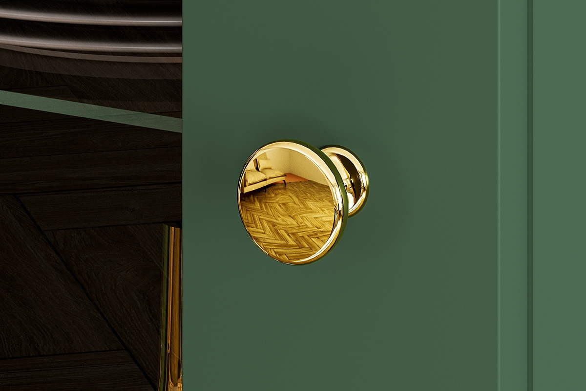 Vitrína presklená Forest 01 s dvoma zásuvkami - labrador / zlaté zlaté úchyty