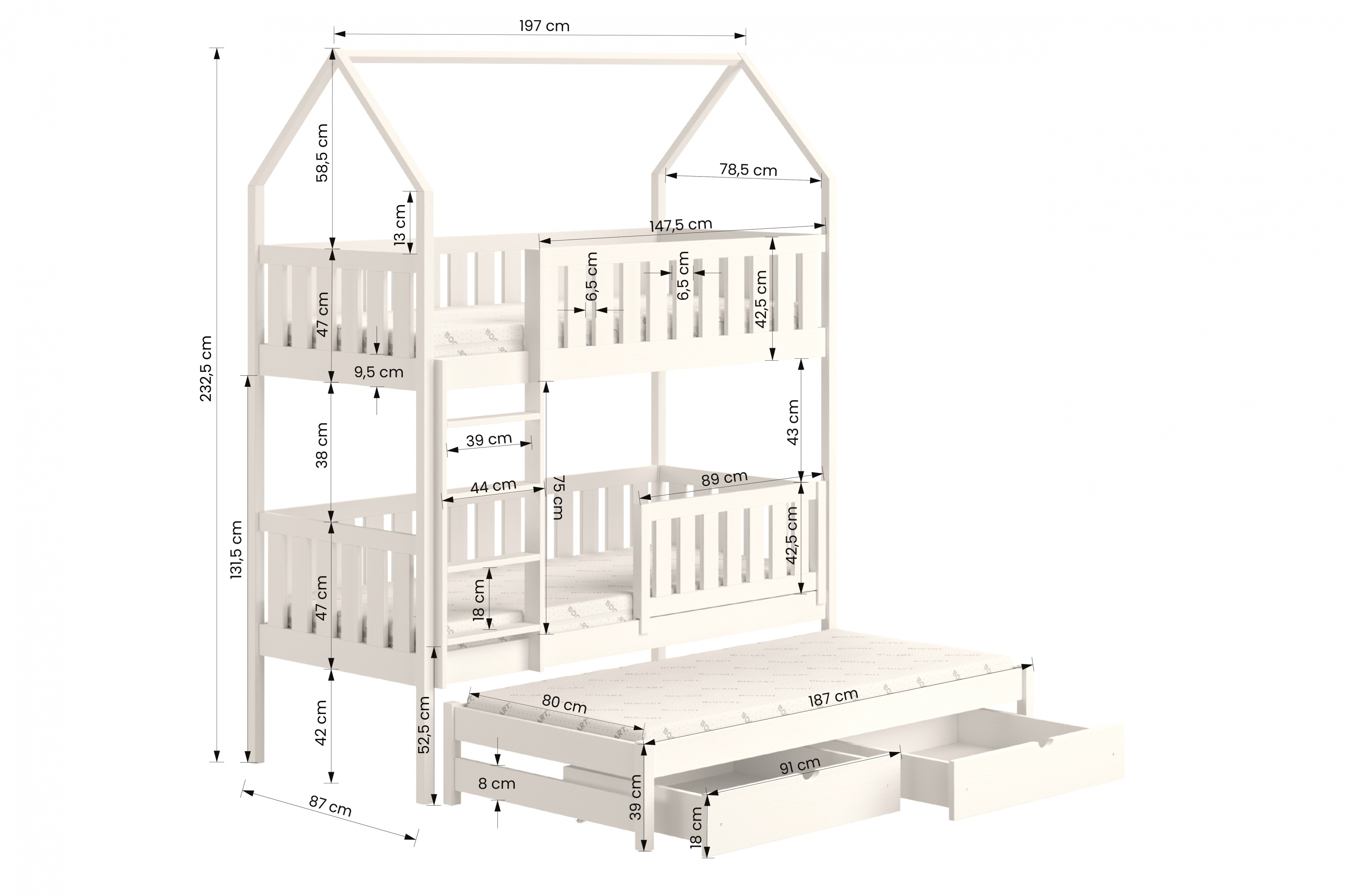Detská posteľ domček poschodová s výsuvným lôžkom Nemos - Biely, 80x190 Posteľ dzieciece poschodová s výsuvným lôžkom Nemos - Rozmery