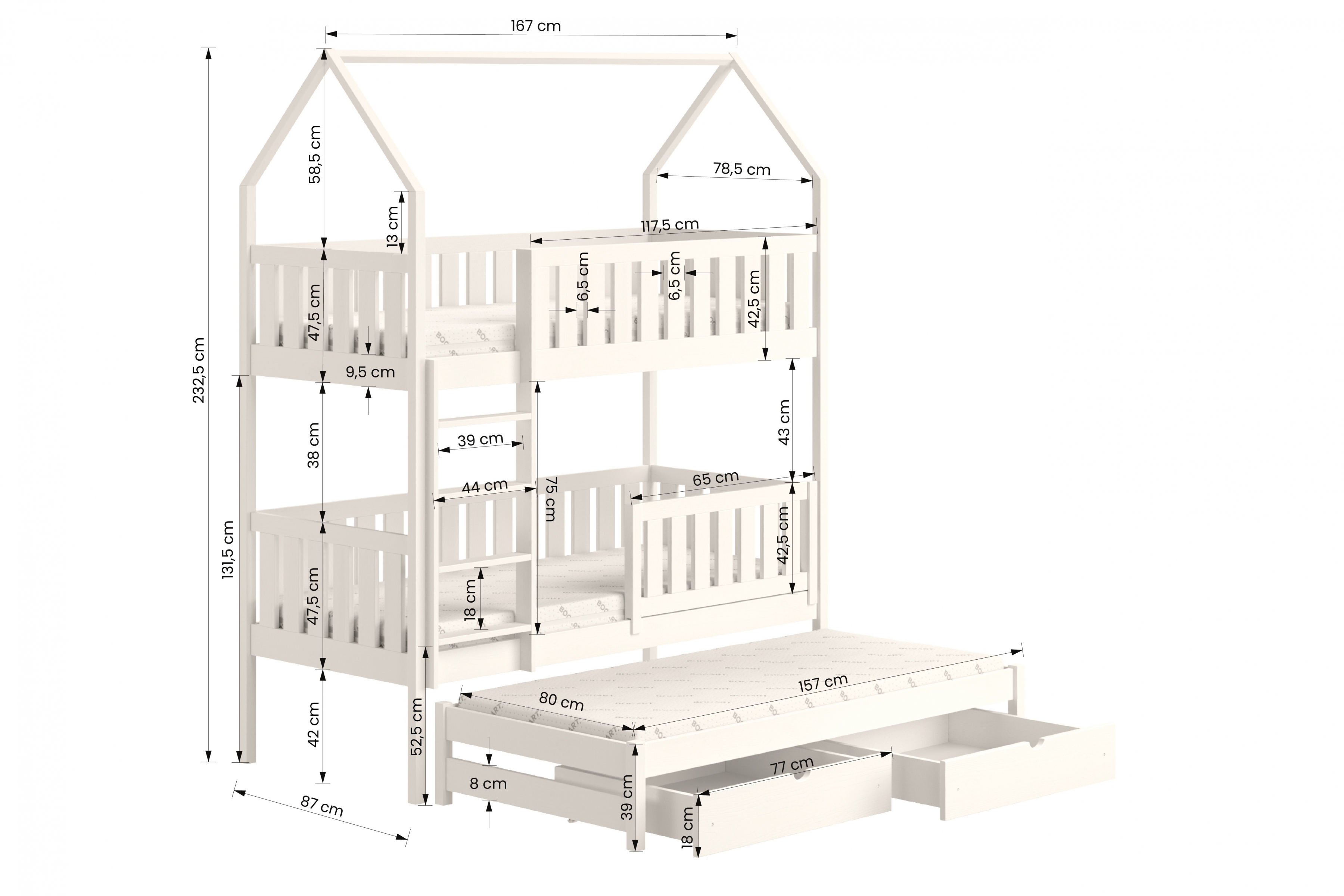 Detská posteľ domček poschodová s výsuvným lôžkom Nemos - Biely, 80x160 Posteľ dzieciece poschodová s výsuvným lôžkom Nemos - Rozmery
