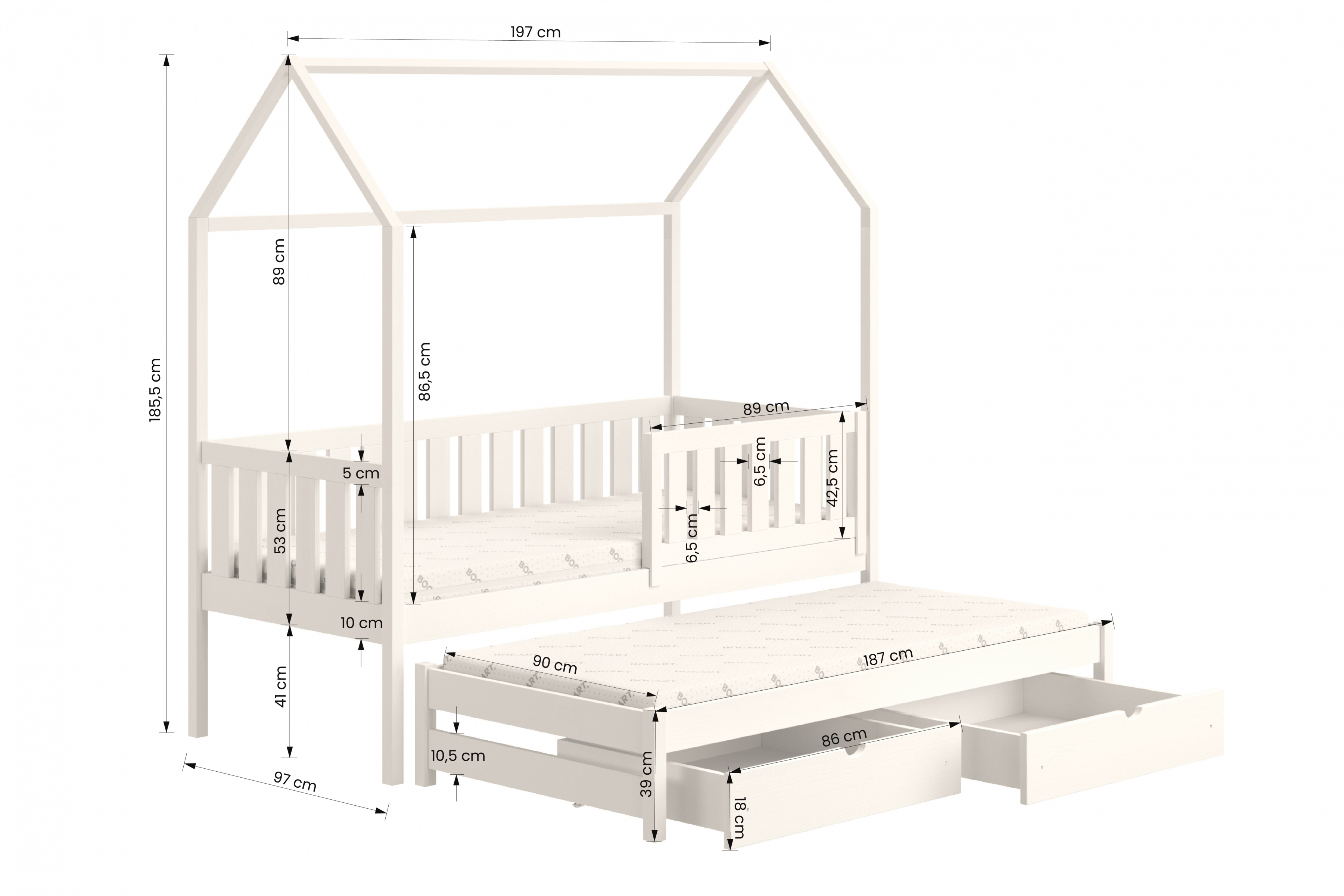 Detská posteľ domček prízemná s výsuvným lôžkom Nemos - Biely, 90x190 Posteľ dzieciece prízemná s výsuvným lôžkom Nemos - Rozmery